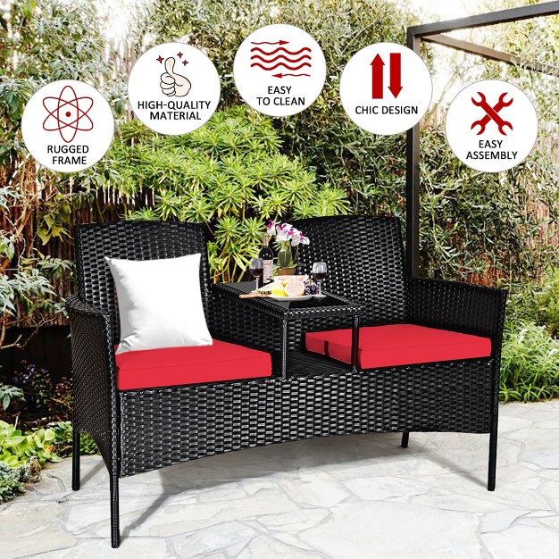 Costway Patio Rattan Conversation Set Seat Sofa Cushioned Loveseat Glass Table Chair Red turquoise