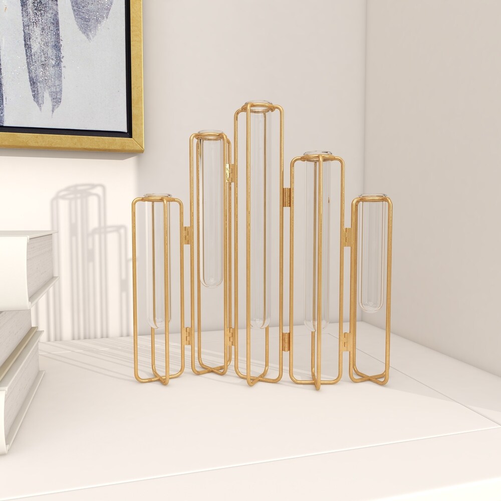 Gold or Silver Metal Foldable Vase with Clear Glass Tubes