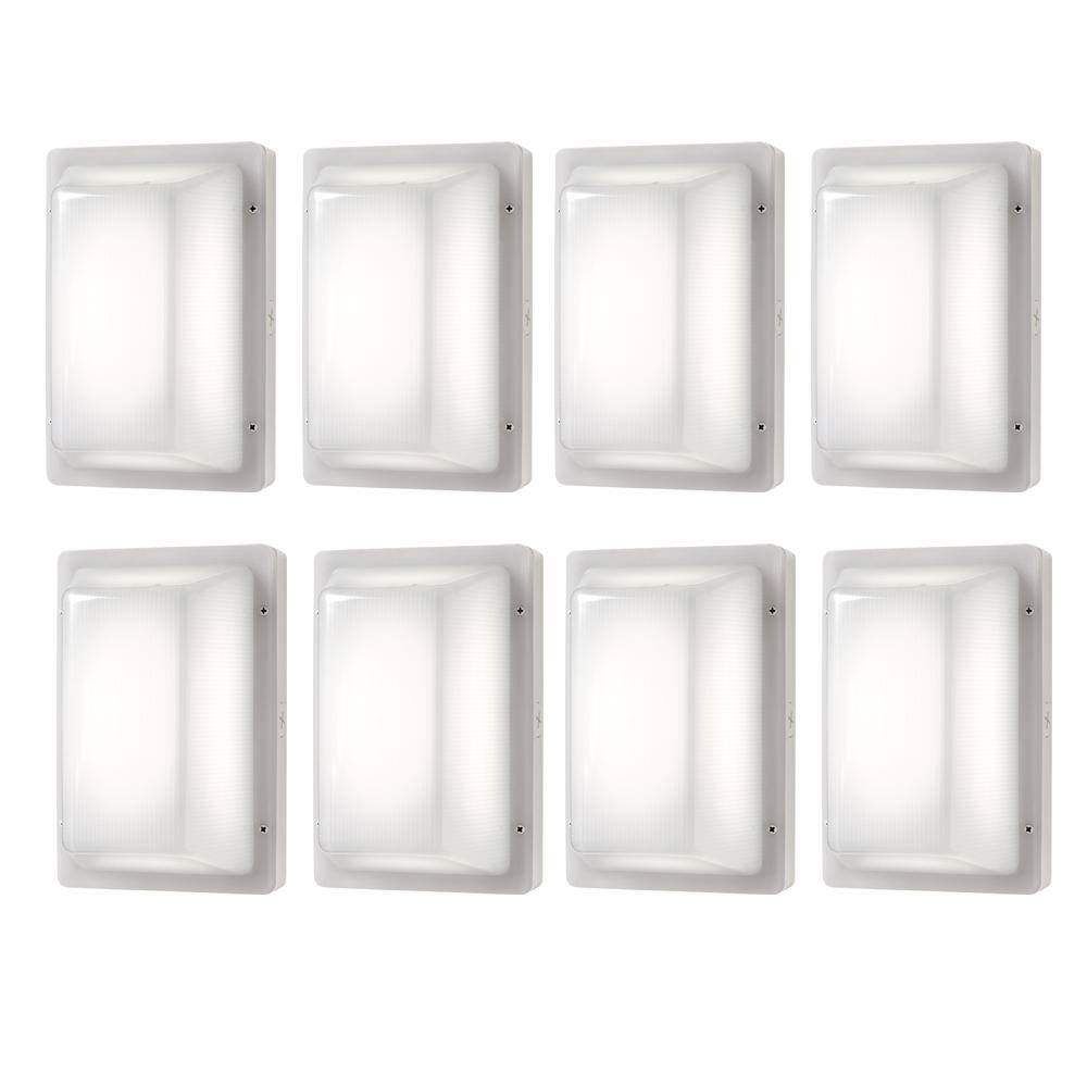 Hampton Bay Coastal Rectangle White LED Outdoor Bulkhead Light Impact Resistant Frosted Polycarbonate Lens and Base (8-Pack) 504091110-8PK