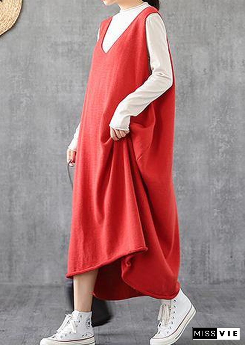 Simple red tunic top v neck sleeveless Maxi Dress