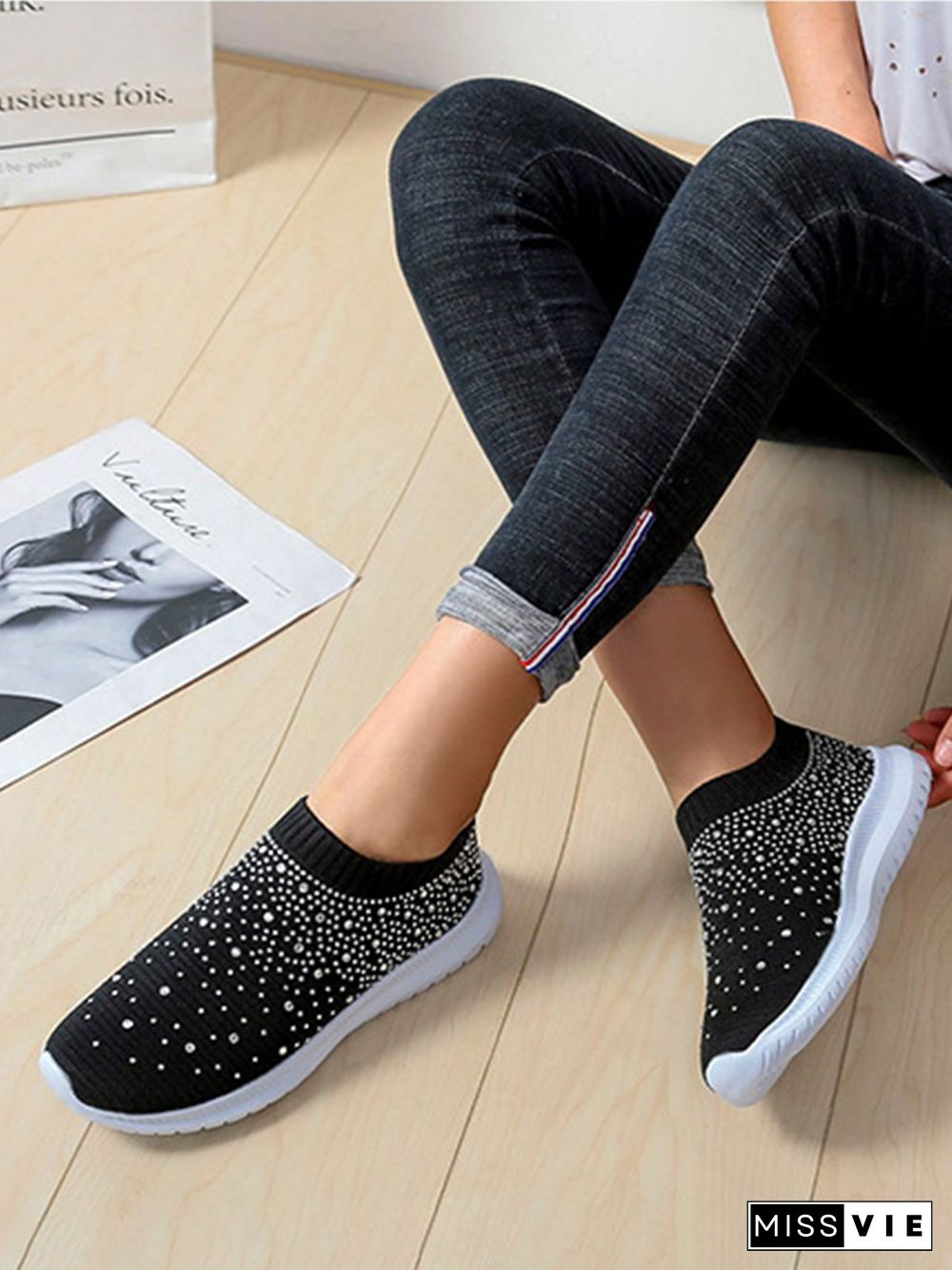 Rhinestone Design Portable Overfoot Lightweight Flyknit Sneakers