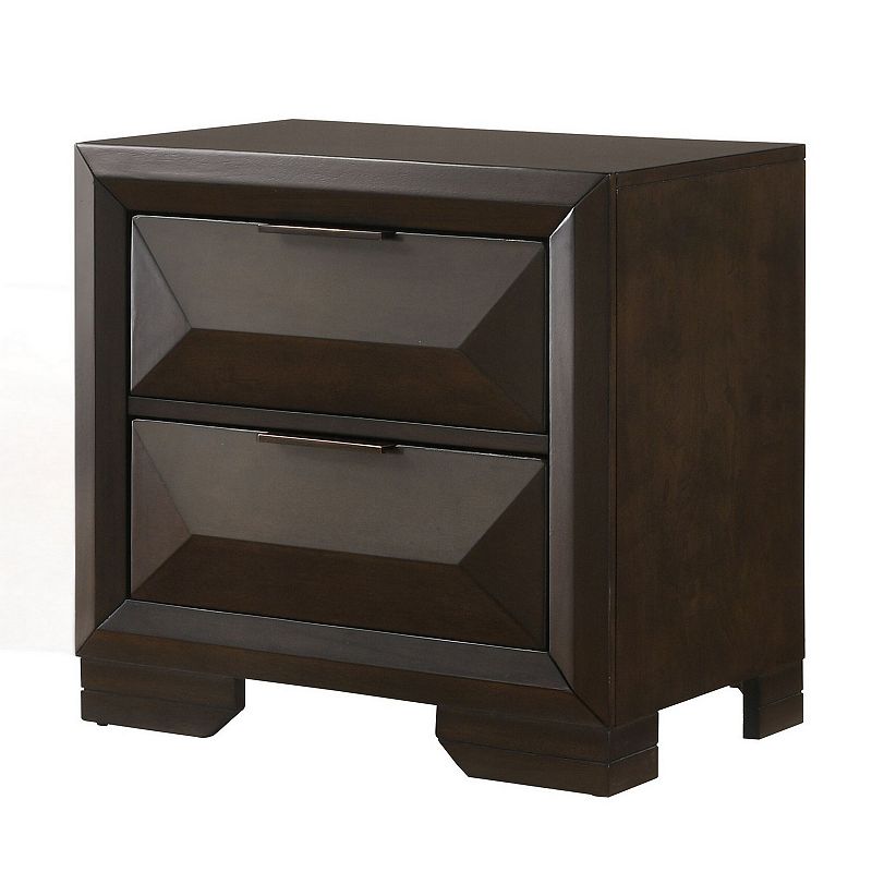 Wooden Nightstand with Dramatic Bevel Drawer Fronts， Espresso Brown