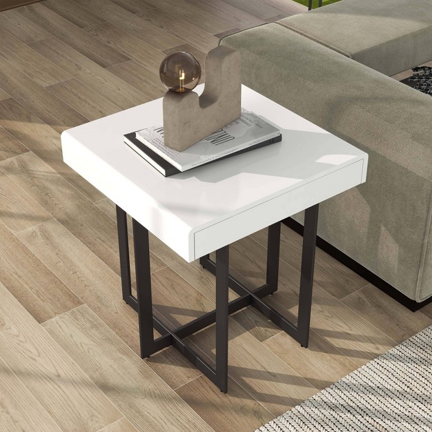 Square Mdf End Table With Drawer White Mibasics