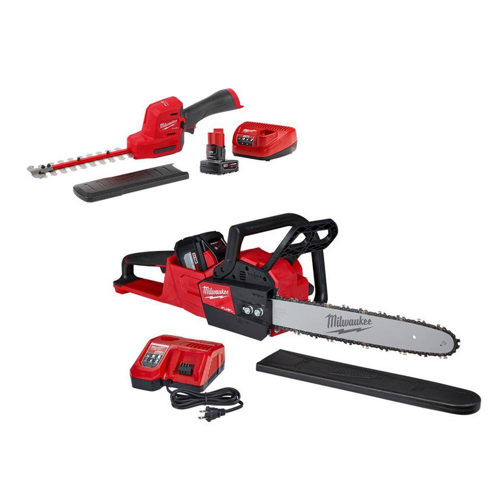 MW M12 FUEL 8 in. 12V Lithium-Ion Brushless Cordless Hedge Trimmer Kit and M18 FUEL 16 in. Chainsaw Combo Kit (2-Tool) 2533-21-2727-21HD