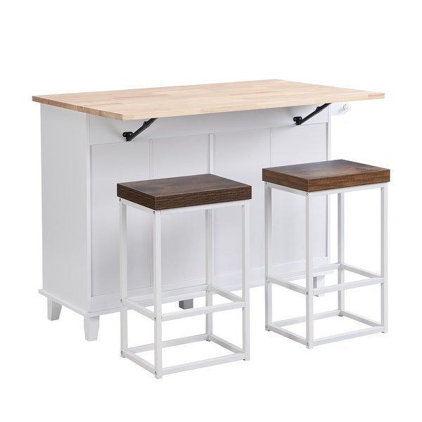 3-Piece Kitchen Island Set with Drop Leaf and 2 Seatings， Dining Table Set with Storage Cabinet， Drawers and Towel Rack