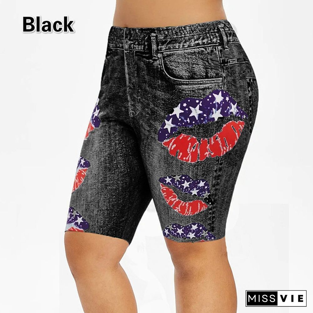 New Lips and Flag Print Women High Waist Leggings Short Faux Denim Fashion Capri Jegging Shorts Plus Size