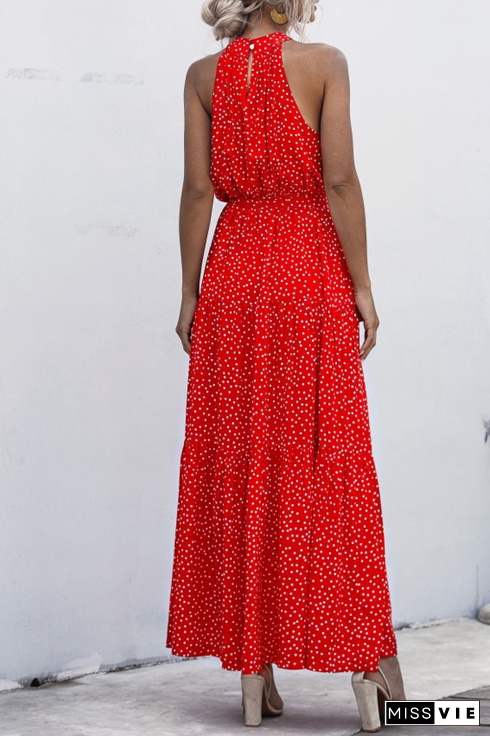 Halter Polka Dot Print Tie Waist Maxi Dress Wholesale