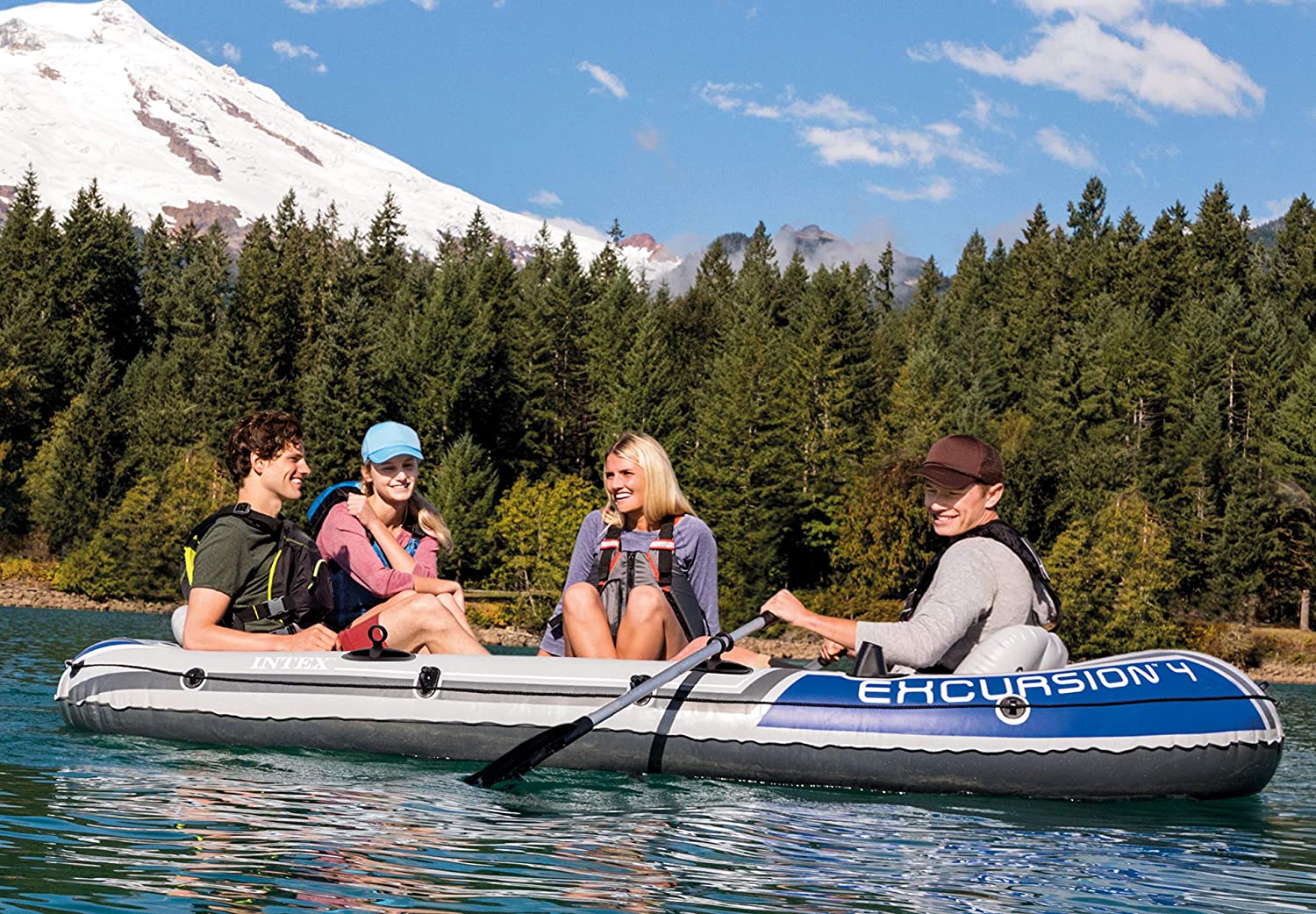 Intex Excursion 4-Person Inflatable Boat Set with Aluminum Oars and High Output Air Pump