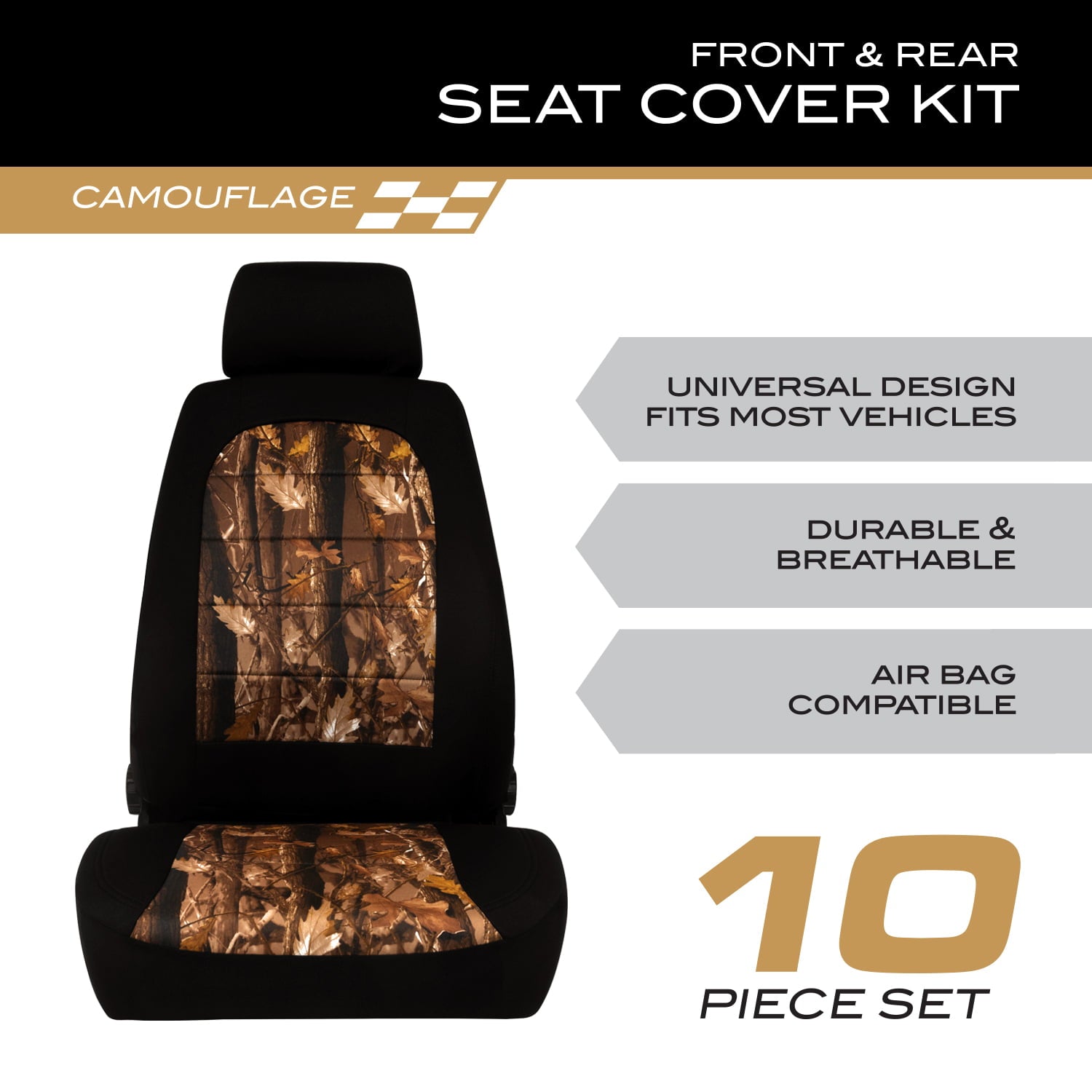 Pilot Automotive SC-5025E Polyurethane Black 10-Piece Camo Mesh Seat Cover， Universal Fit for Most Vehicles