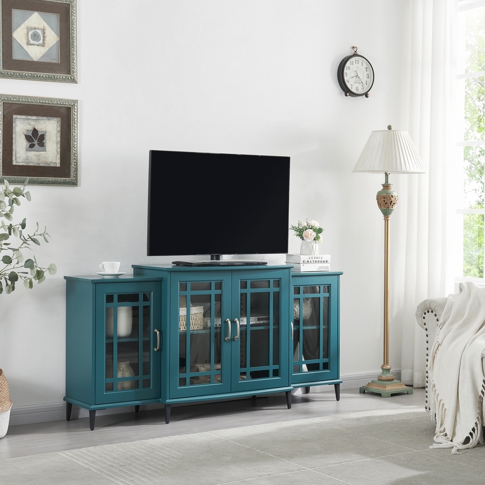 Teal Blue Console Table Buffet Cabinet with Door and Shelves