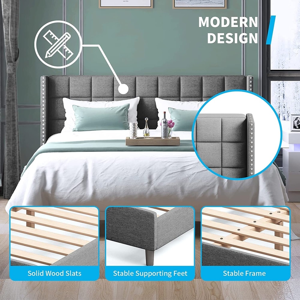 Mixoy Bed Frame  Bedroom Furniture  Premium Velvet  Wooden Bed Frame with Two Rows of Rivet Design