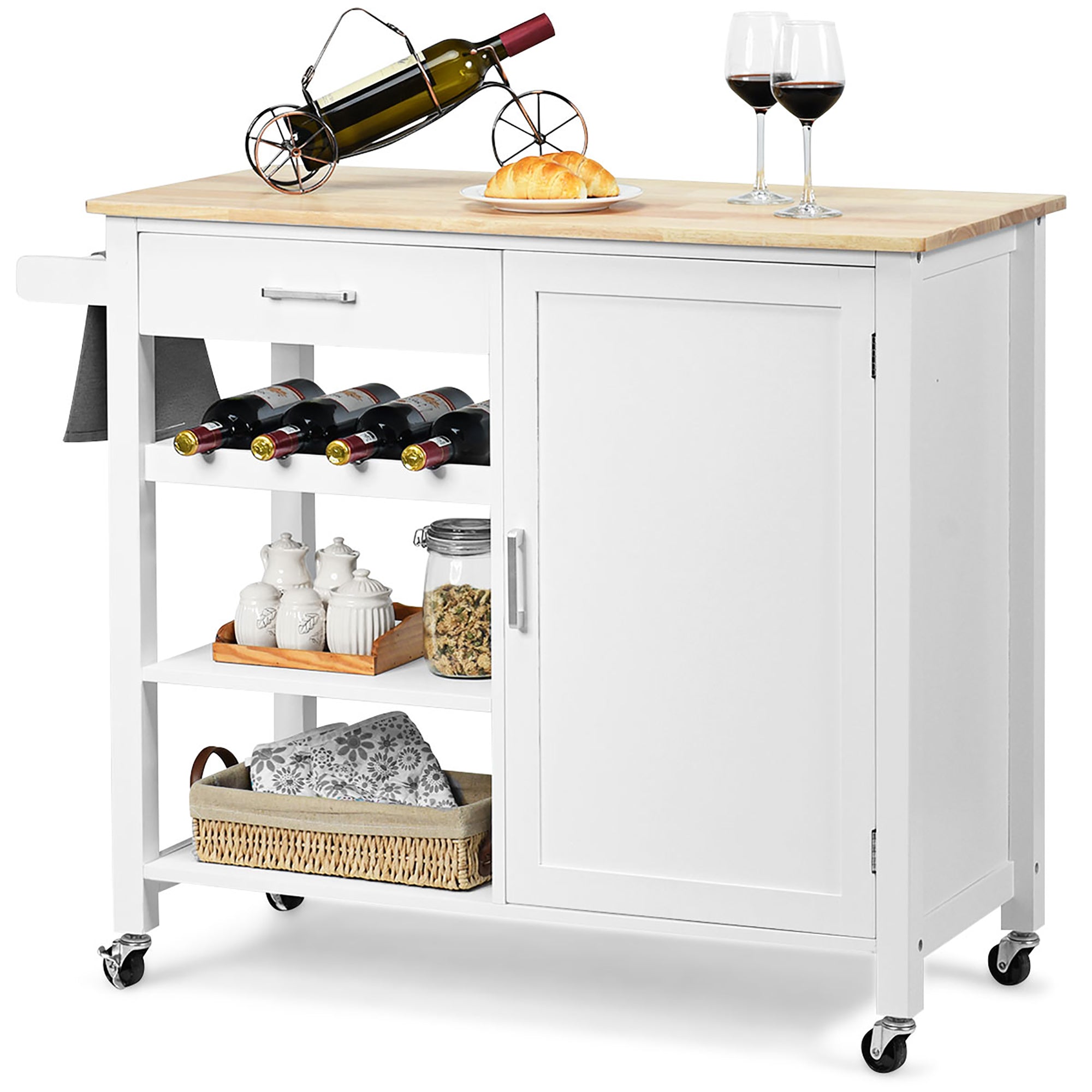 Costway 4-Tier Wood Kitchen Island Trolley Cart Storage Cabinet w/ Wine Rack White