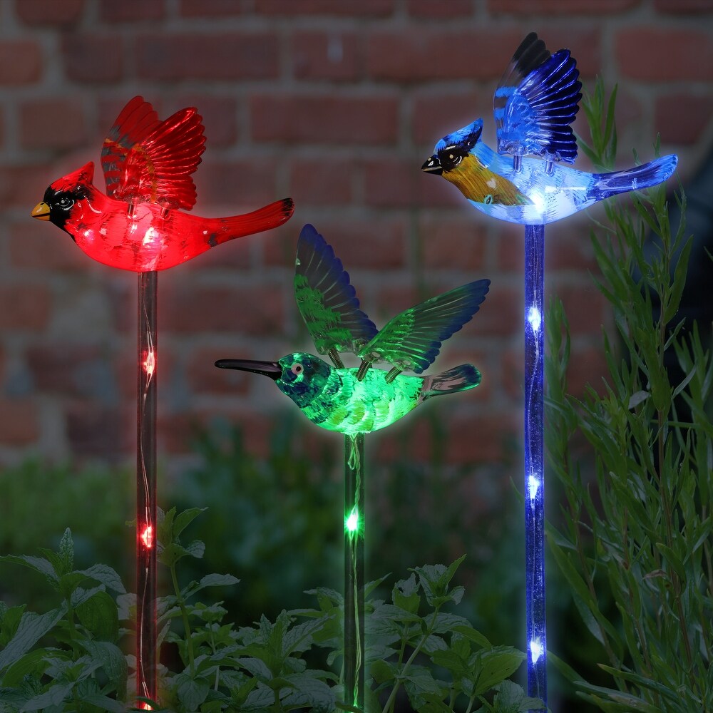 Exhart Solar WindyWing Garden Stake Set of Cardinal  Hummingbird and Blue Bird with Colored LED Lights  4 by 27 Inch