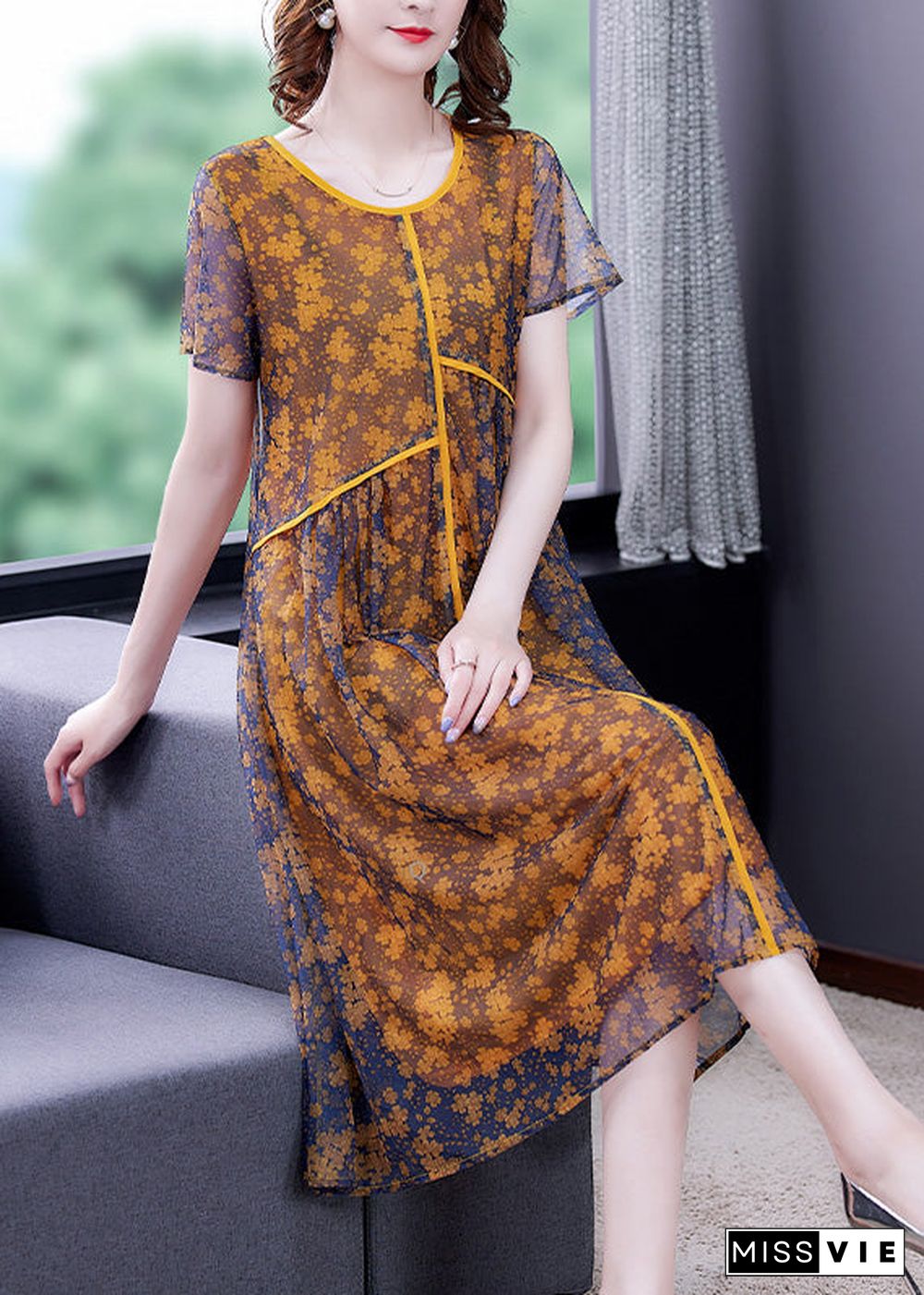 Loose Yellow O-Neck Patchwork Print Tulle Maxi Dresses Short Sleeve