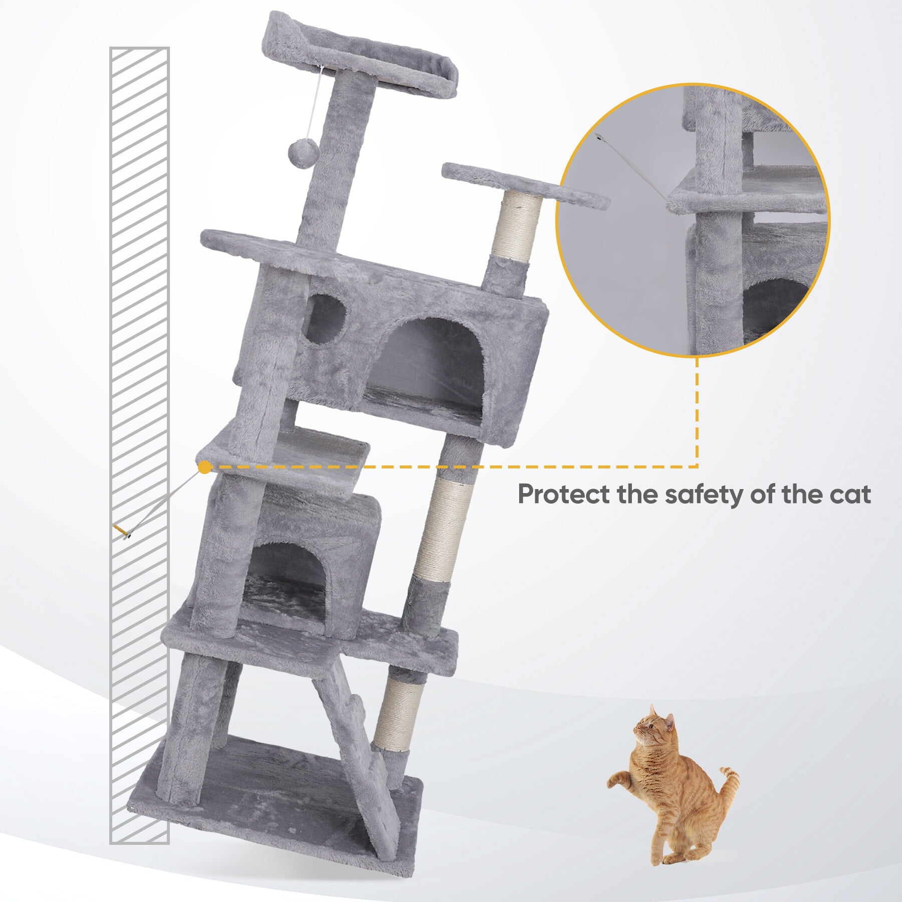 ZENSTYLE 55-in H Cat Tree and Condo Scratching Post Tower， Light Gray