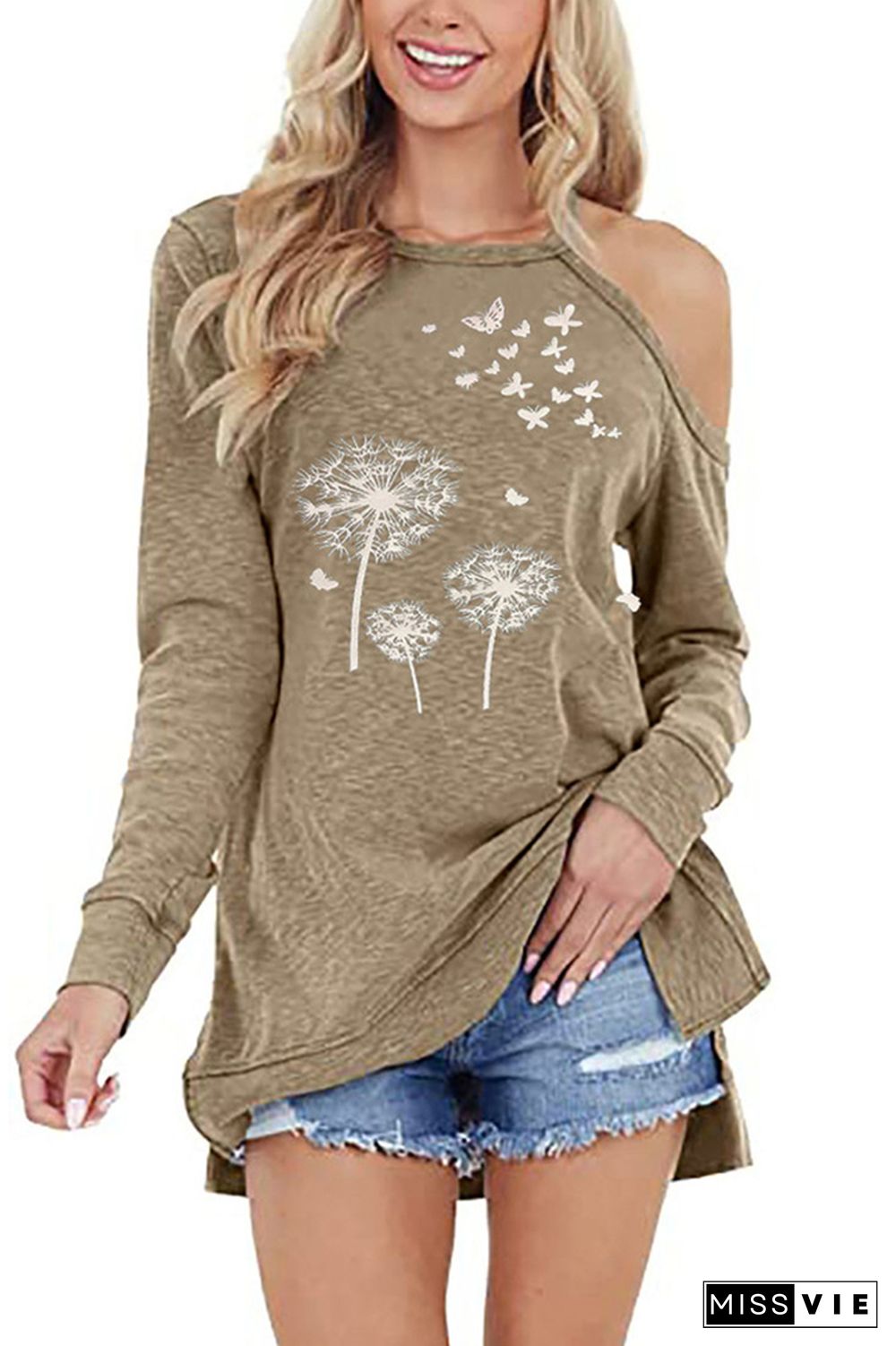 Dandelion Print One Shoulder Graphic Tee Women Wholesale Long Sleeve T shirts Top