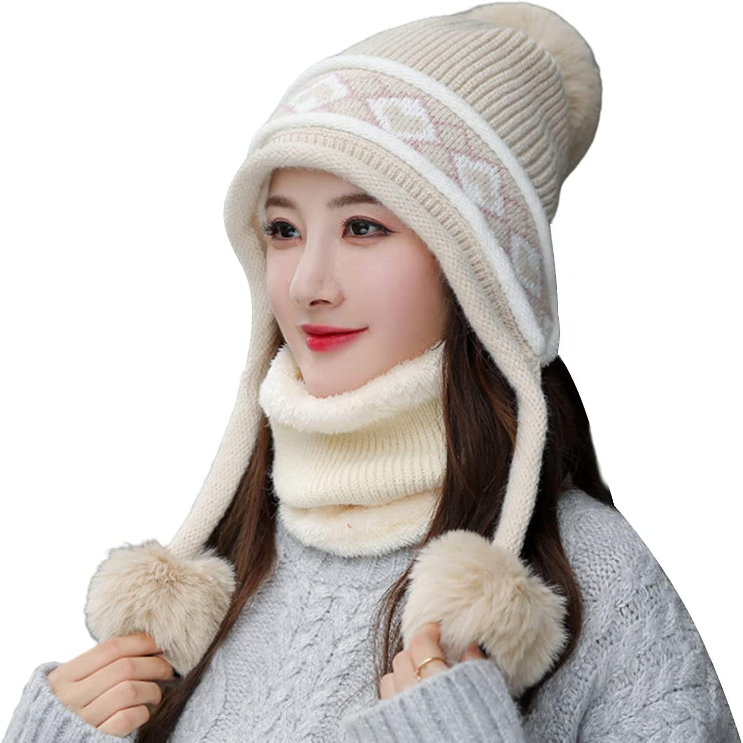 Women Winter Beanie Hat Peruvian Circle Scarf Set Ski Ear Flaps Caps Dual Layered Fleece Lined Pompoms E1450215-mise -