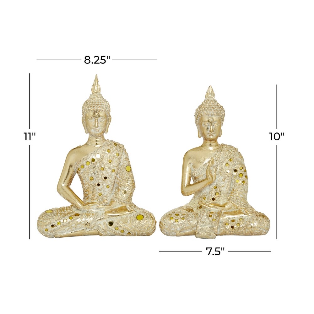 Gold Polystone Meditating Buddha Sculpture with Engraved Carvings and Relief Detailing (Set of 2)   8 x 5 x 10 and 8 x 4 x 11