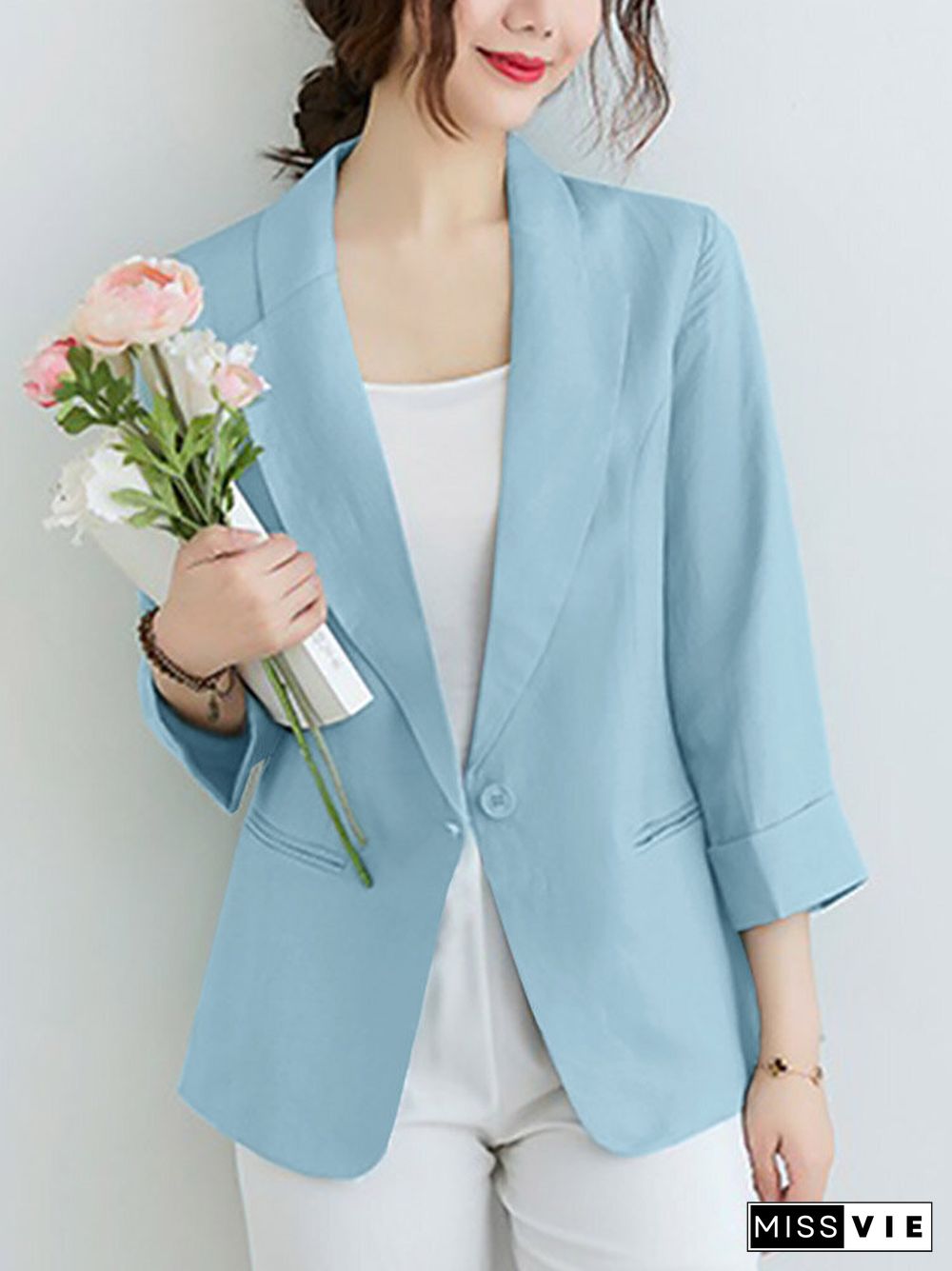 Solid Pocket Button Front Lapel 3\/4 Sleeve Blazer