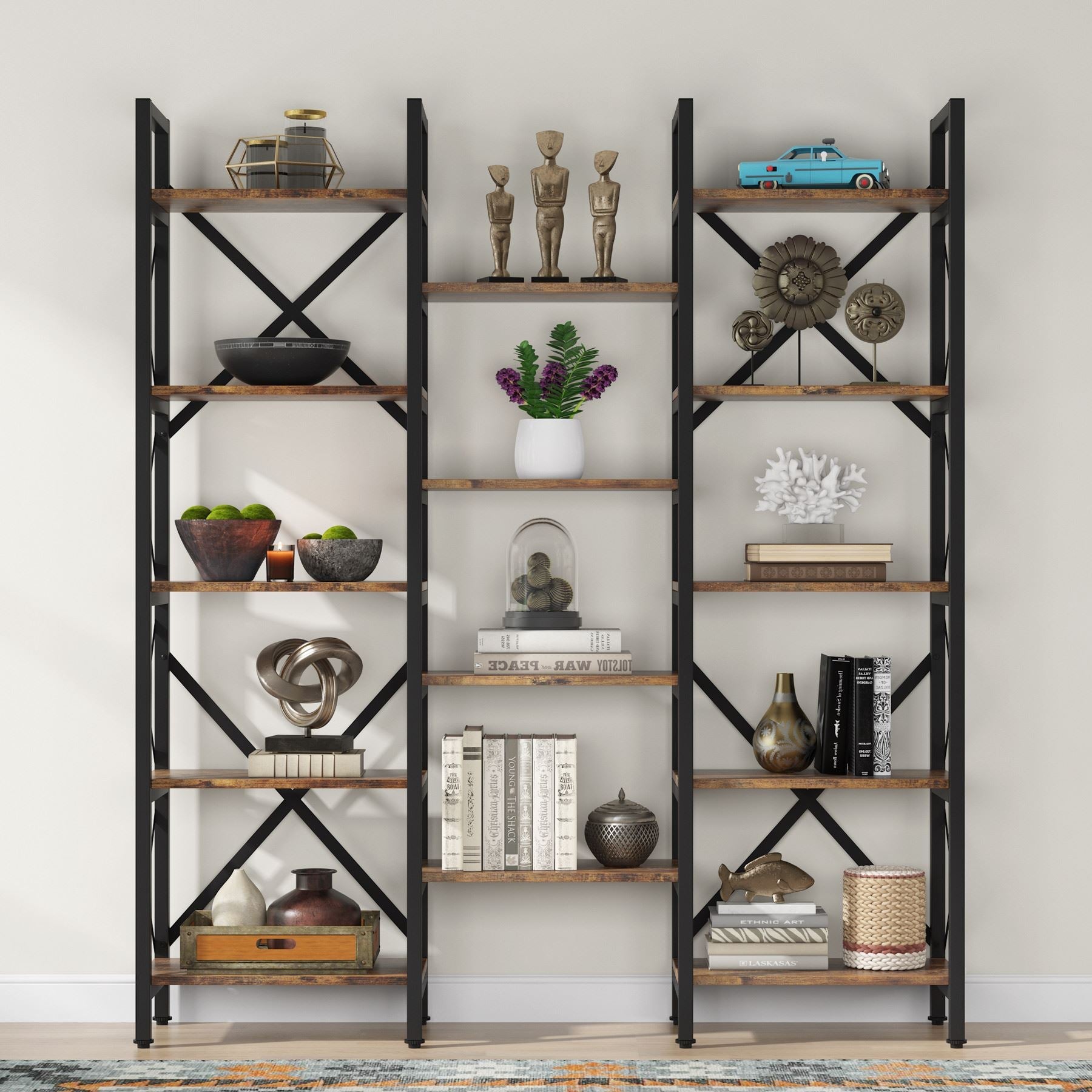 59 Bookshelf, Triple Wide 5-Shelf Bookcase Display Rack