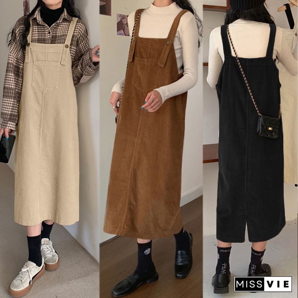 Women Winter Sleeveless Corduroy Casual Loose Warm Midi Tank Dress Sundress