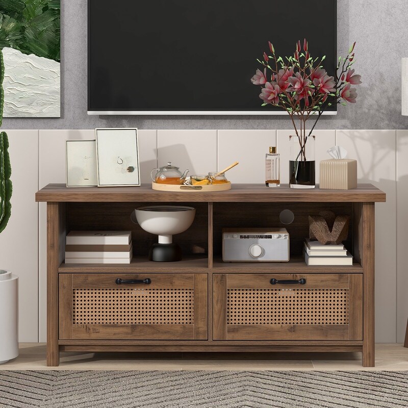 Rustic Rattan TV Stand with 2 Rattan Drawers and Open Storage， for TV ups to 55''