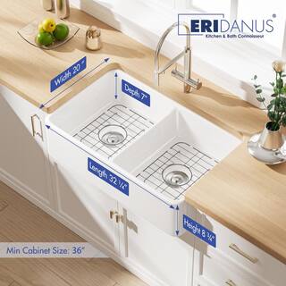 Eridanus Denbigh Crisp White Fireclay 33 in. Double Bowl Farmhouse Apron Kitchen Sink with Bottom Grid ERI-FS-106D