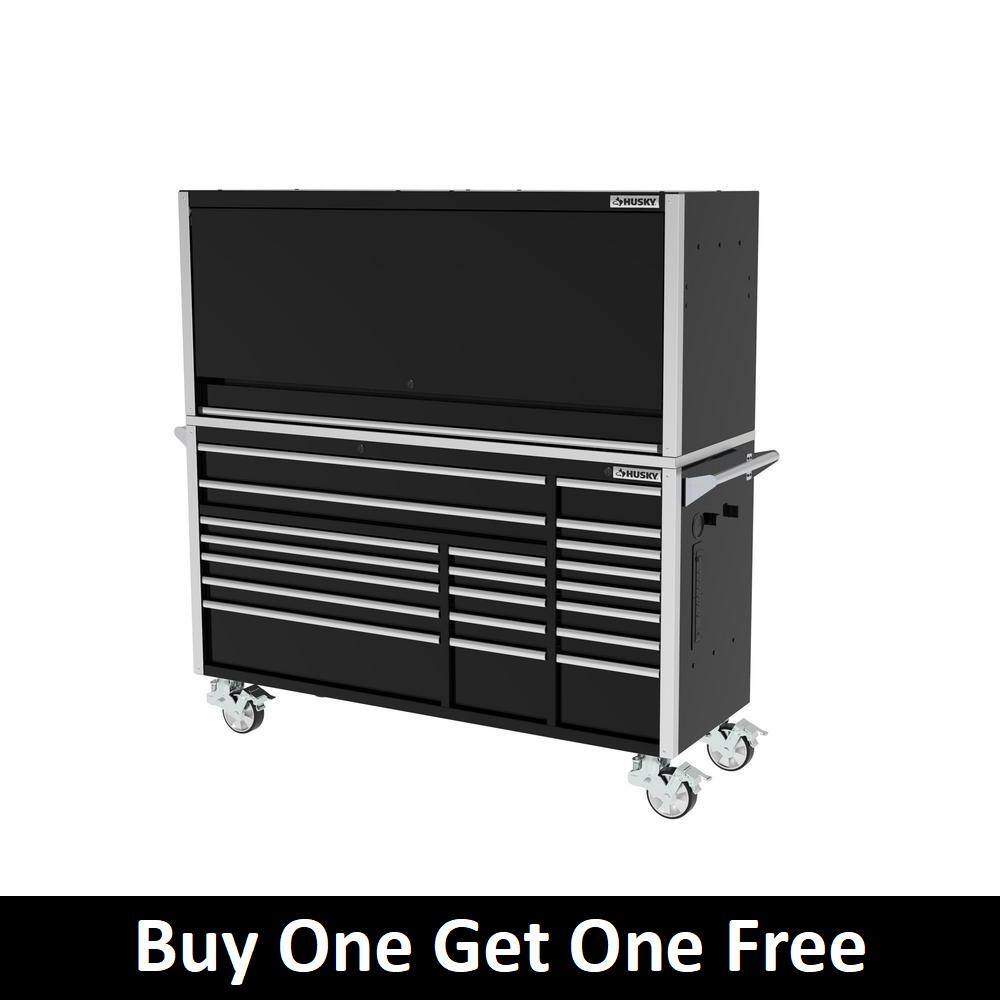 Husky 72 in. W x 24.5 in. D Professional Duty 20-Drawer Mobile Workbench Tool Storage Combo with Top Tool Chest Hutch in Black HPROSUITE1