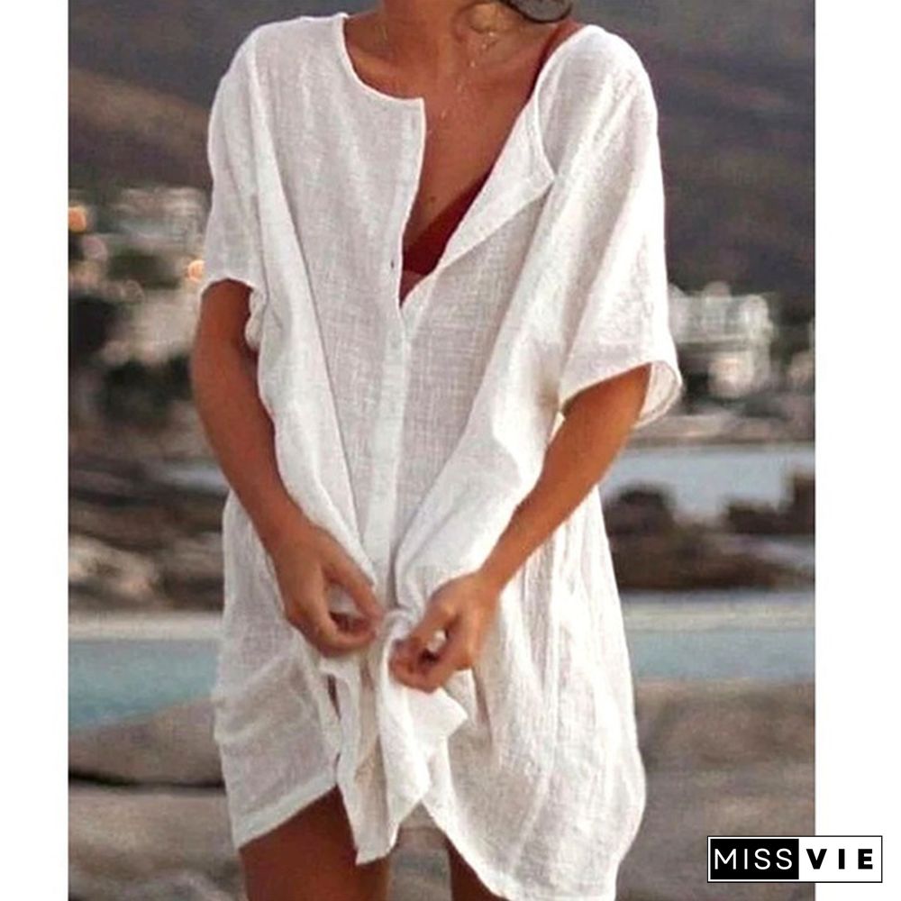 Fashion Summer Clothes Women's Casual Short Sleeve Dresses Beach Wear Robe Femme Swimwear Cover-up Linen Dress Loose Blouses Long T-shirt Deep V-neck Solid Color Swimsuit Cover-ups Dress Mini Party Dress