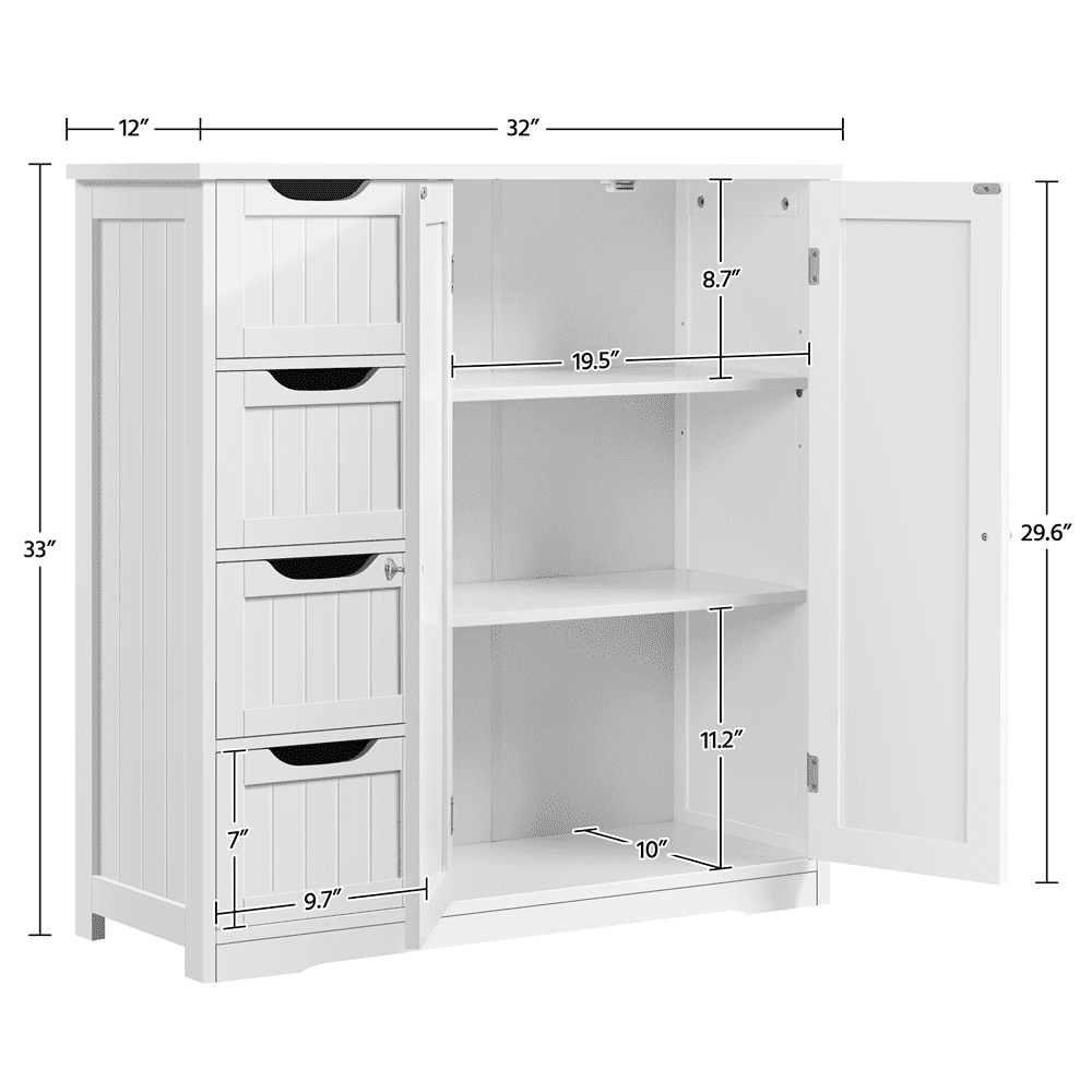 SmileMart Wooden Bathroom Floor Storage Cabinet with 4 Drawers and Double Doors for Home, White