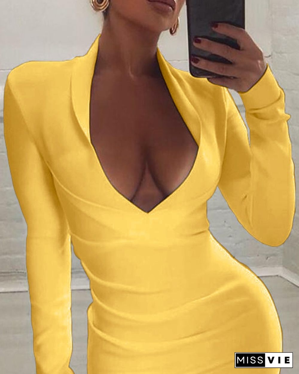 Solid Long Sleeve Plunge Ruched Bodycon Dress