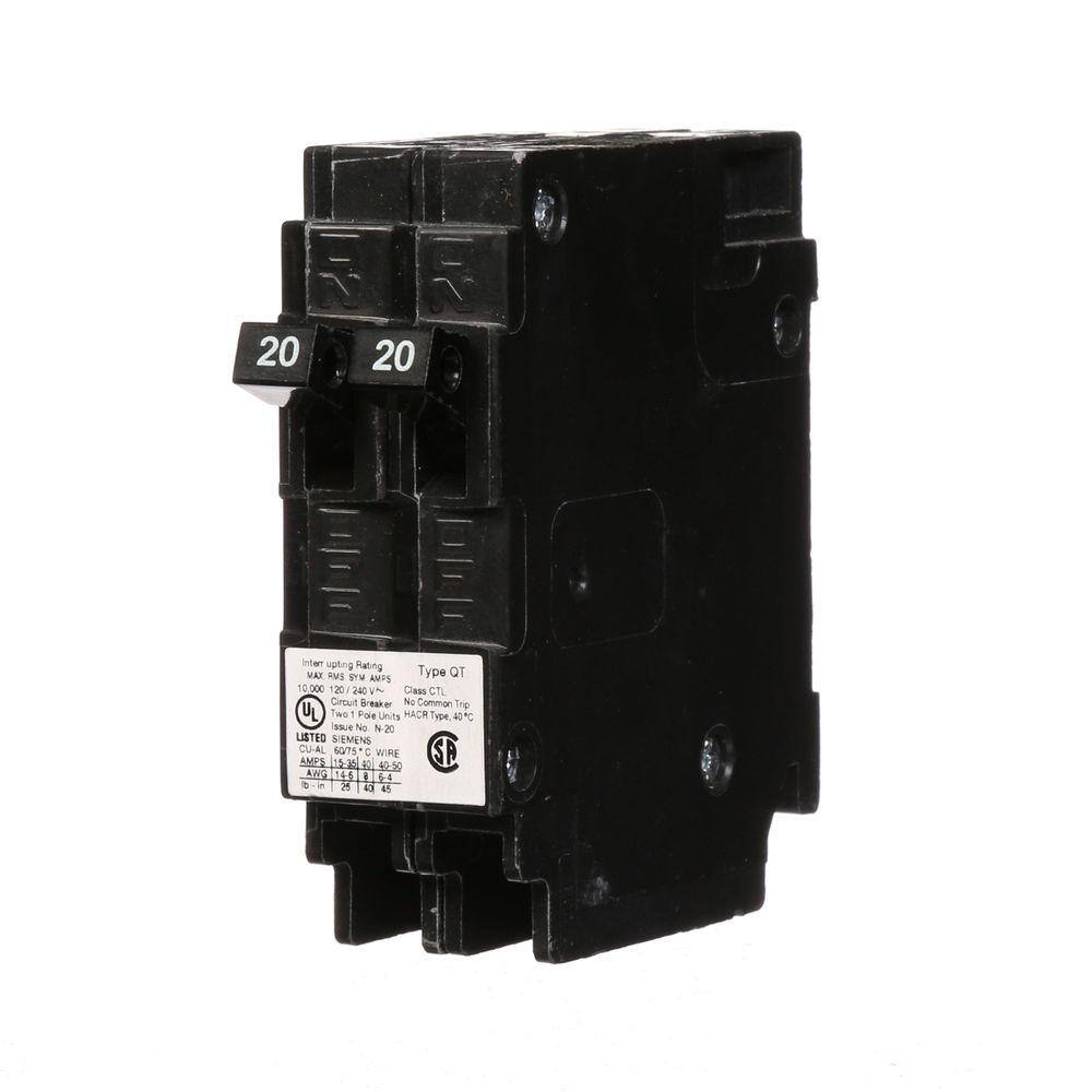 Siemens 20 Amp Tandem Single Pole Type QT Circuit Breaker Q2020U