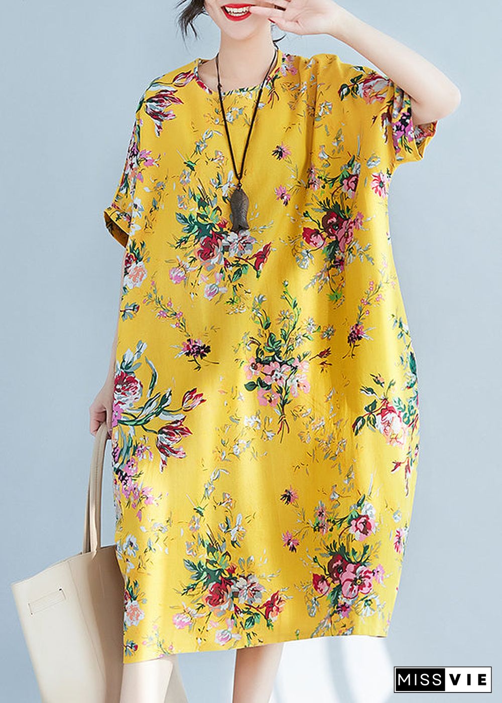 Plus Size Yellow O-Neck Print Cotton Holiday Dress Summer