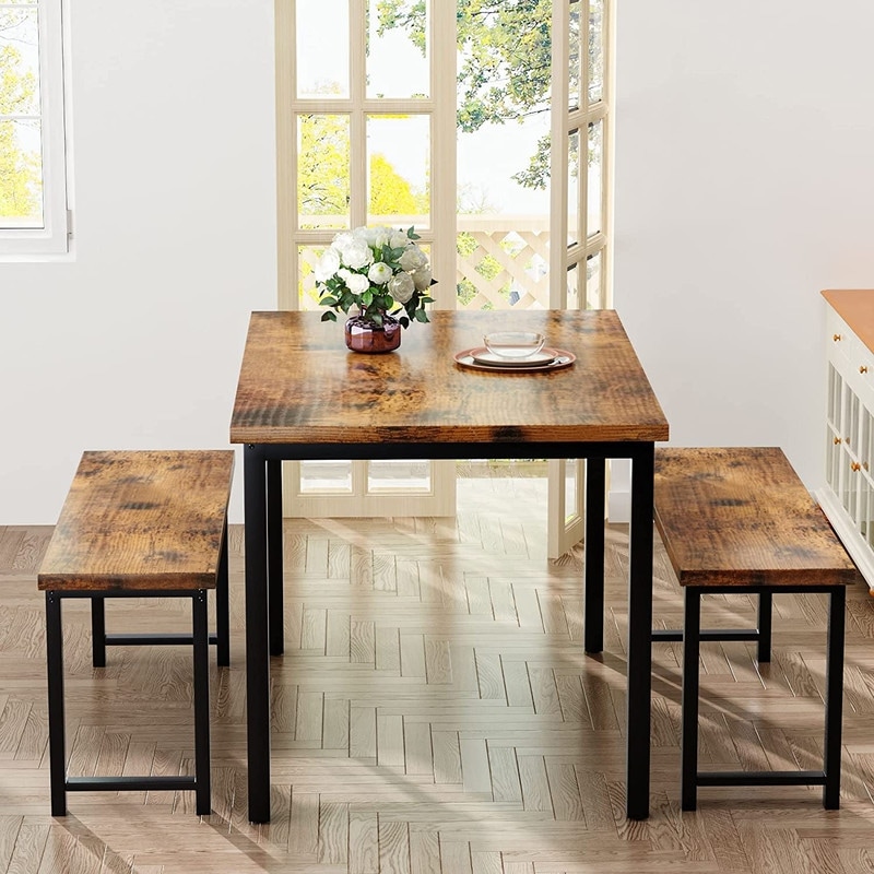 Industrial 3 Piece Dining Table Set  Retro Wood Kitchen Table Set with 2 Benches for Home Kitchen  Dining Room  Restaurant