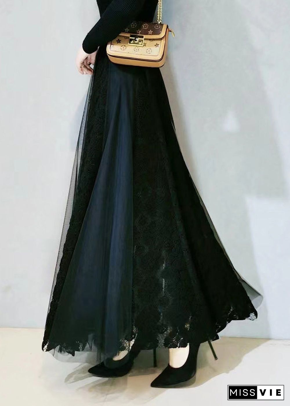 Modern Black High Waist Lace Patchwork Tulle A Line Skirt Spring