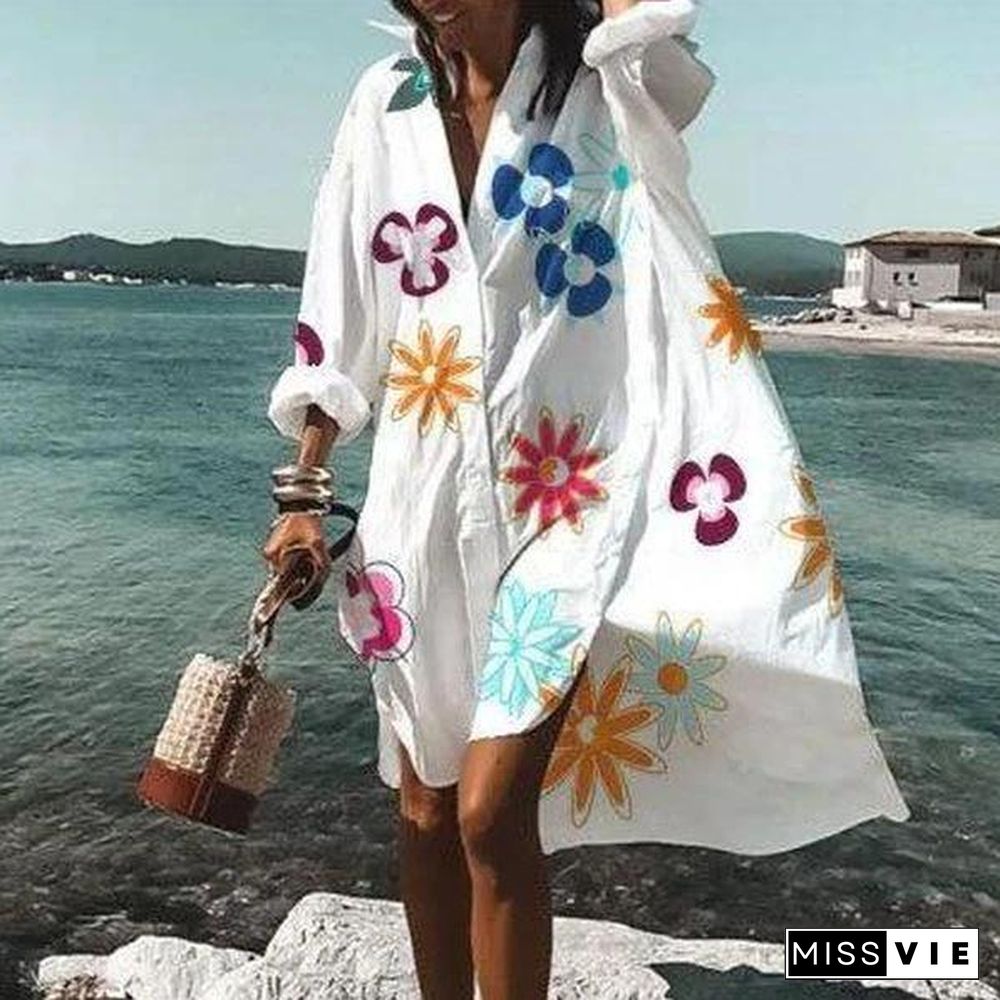 White Lapel Casual Printed Shirt Dress