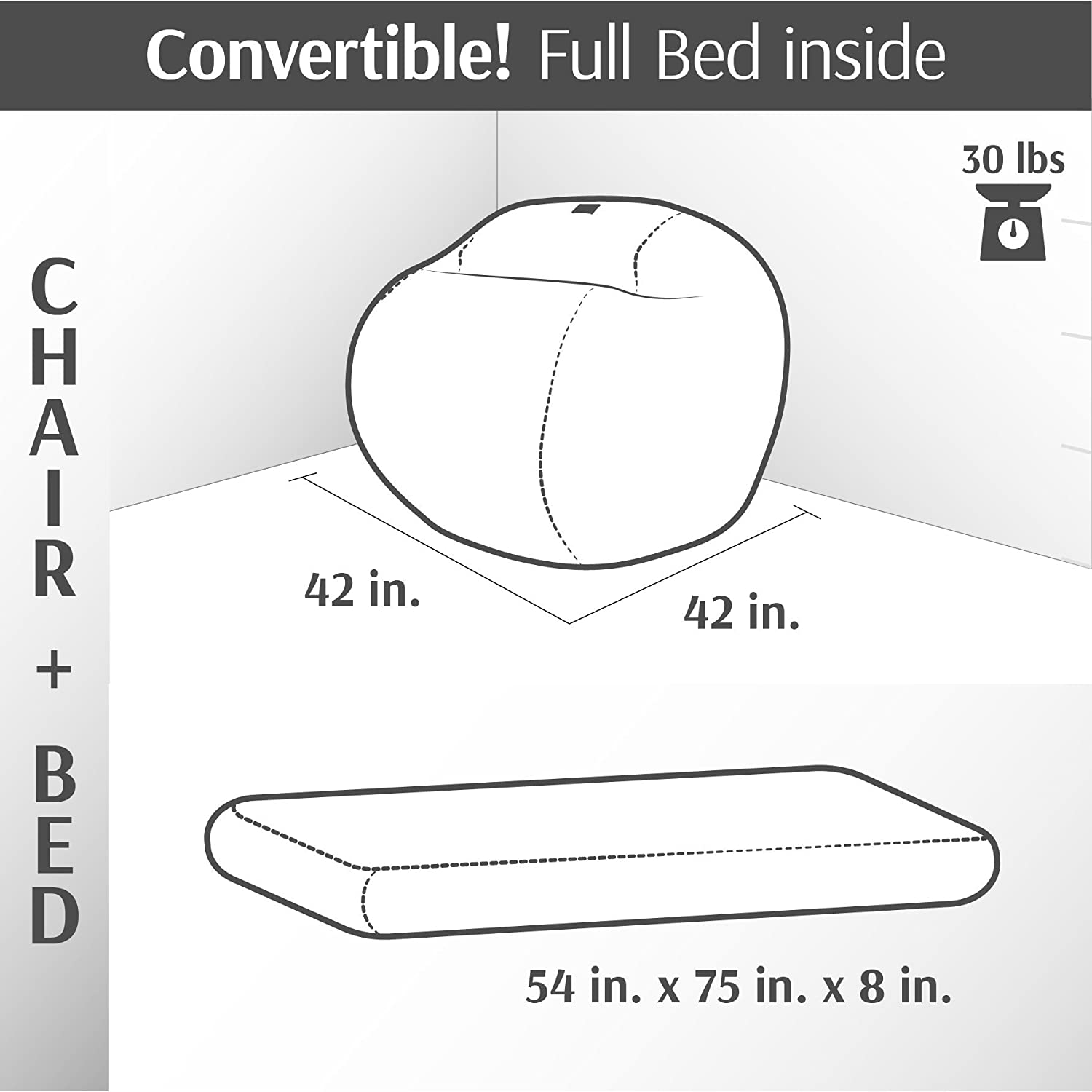 CordaRoy's Convertible Chenille Full Size Bean Bag Chair, Charcoal