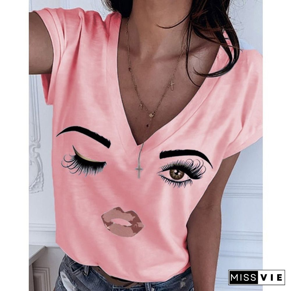 Fashion Women Causal Summer Short Sleeve Eye Lip Printed Graphic Tee Shirt V Neck Plus Size T-shirts Cute Funny Tops Pullover Blouse