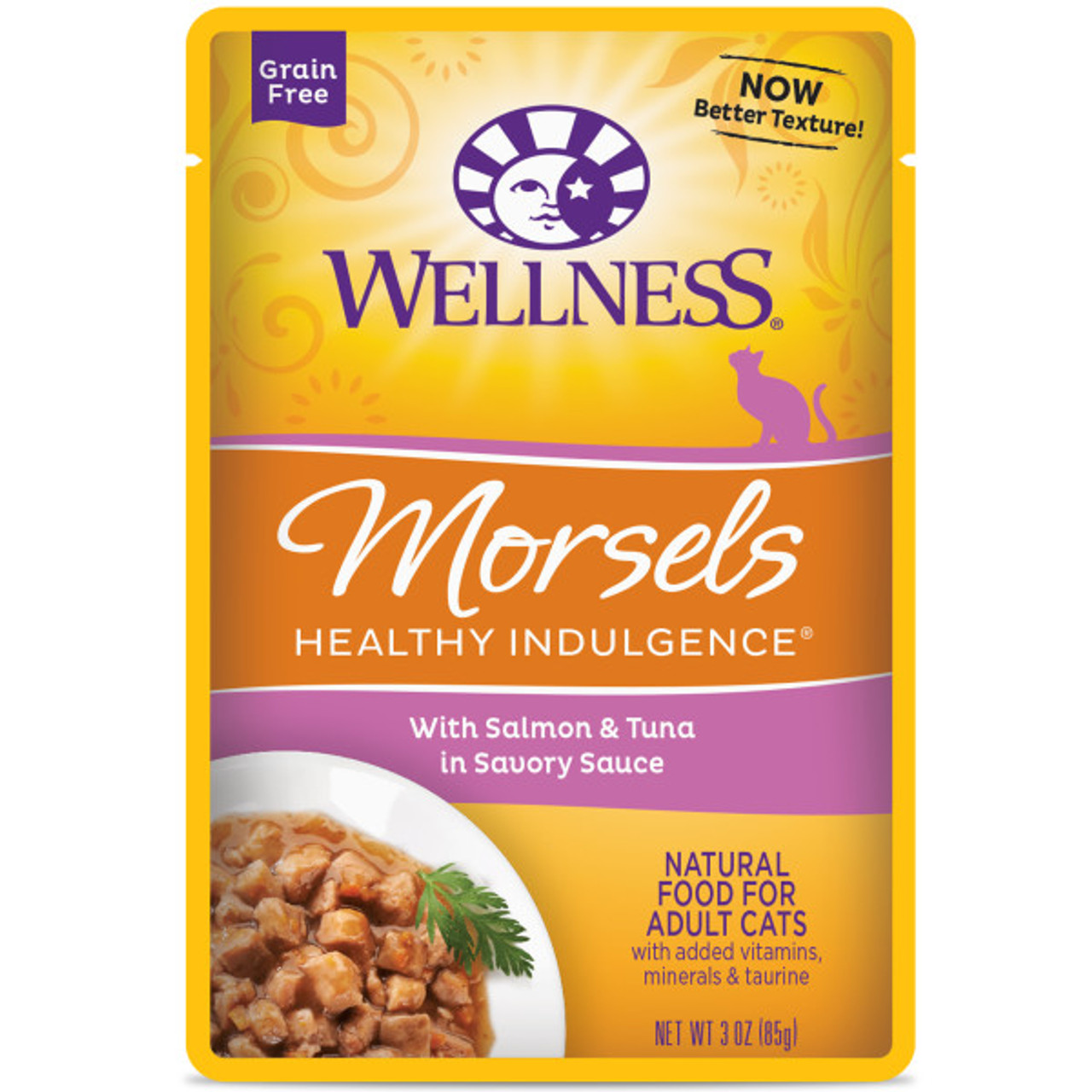 Wellness Complete Health Grain Free Healthy Indulgence Morsels with Salmon and Tuna Wet Cat Food， 3 Oz.