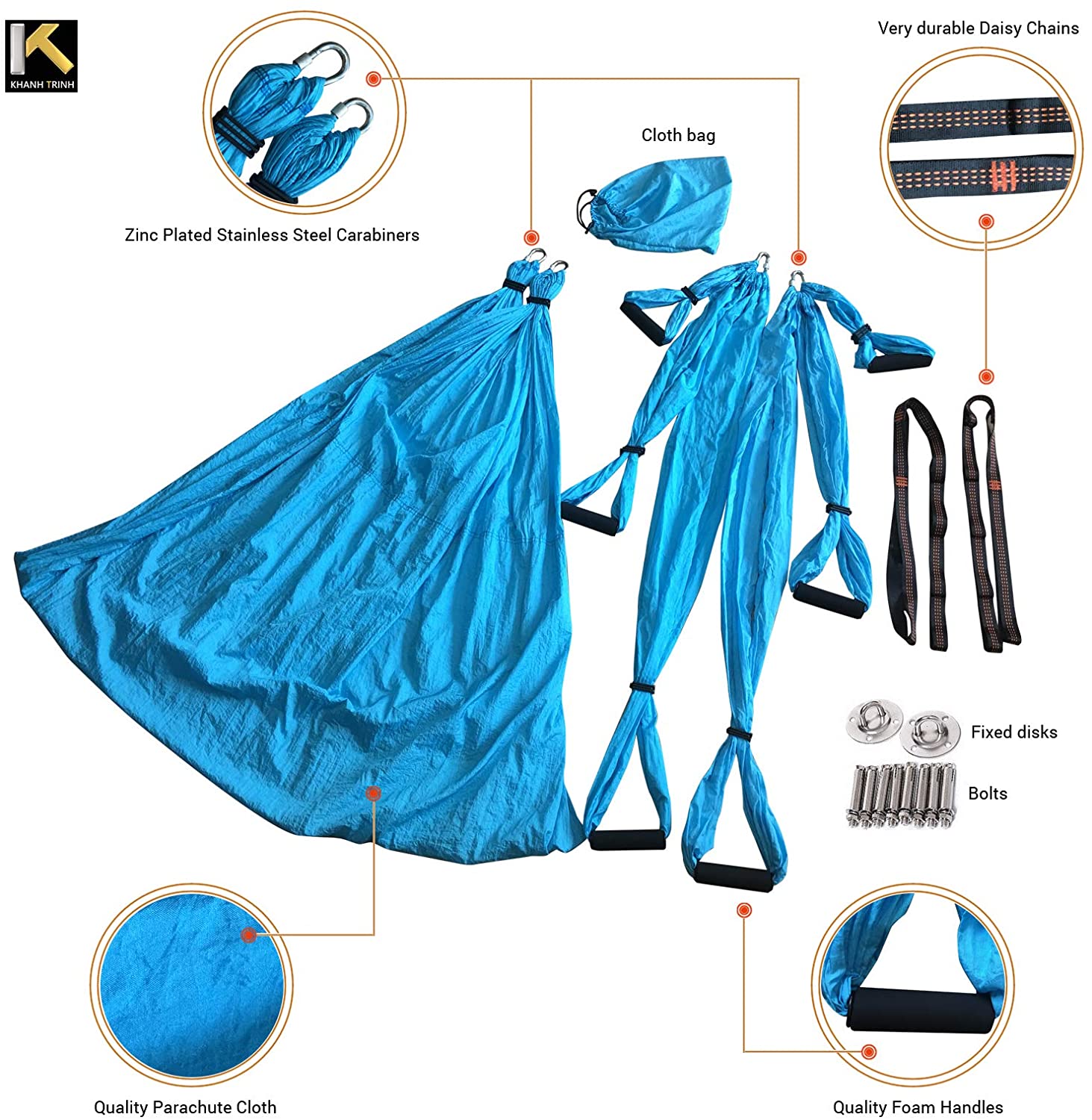 Air Yoga Equipment Set Includes: Blue Aerial Yoga Hammock and The Height-Adjustable Foldable Sturdy Durable KT Yoga Swing Stand Frame