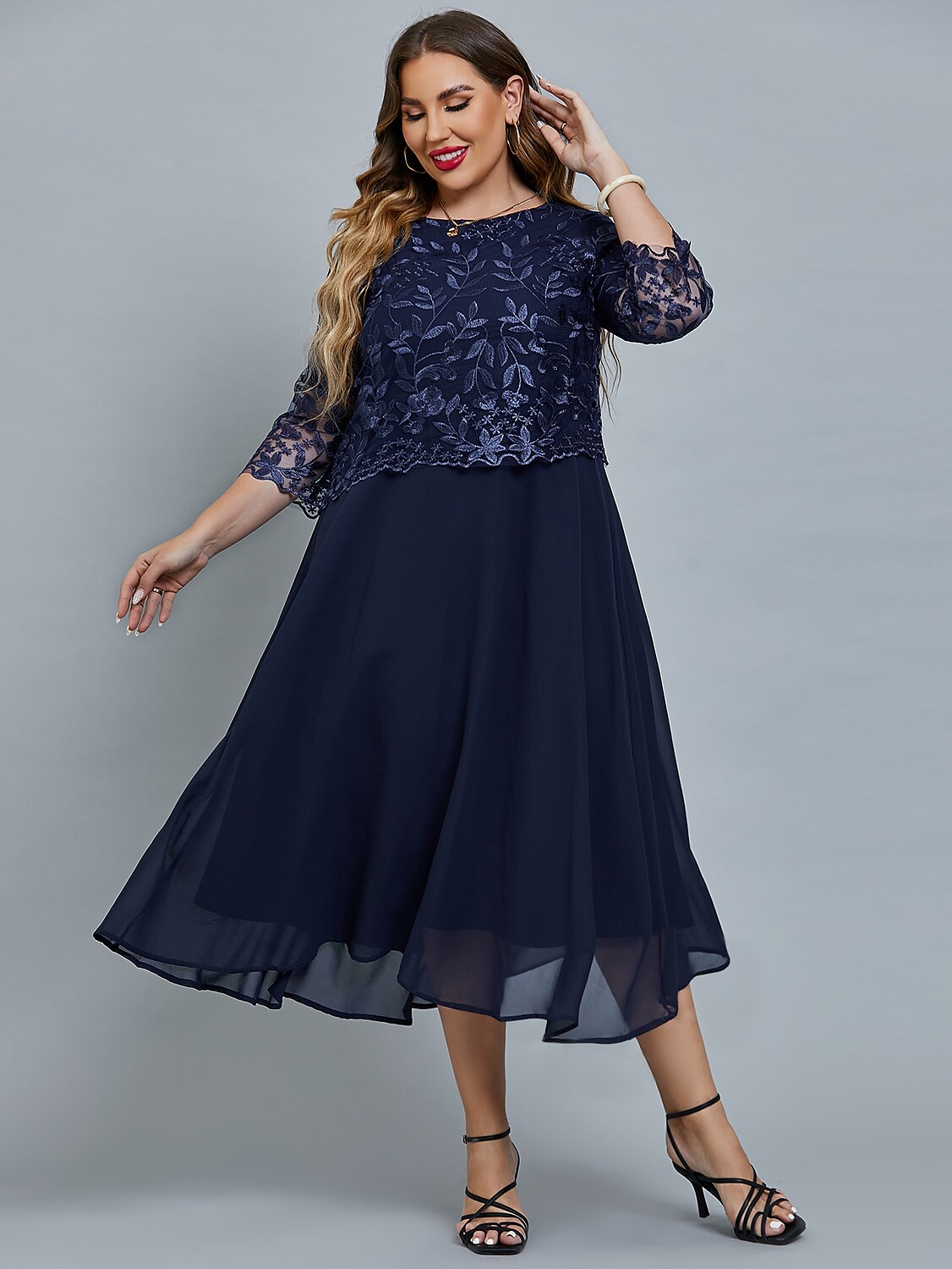 Women's Plus Size Curve Party Dress Floral Crew Neck Mesh 3/4 Length Sleeve Winter Fall Elegant Prom Dress Maxi long Dress Formal Party Dress / Lace