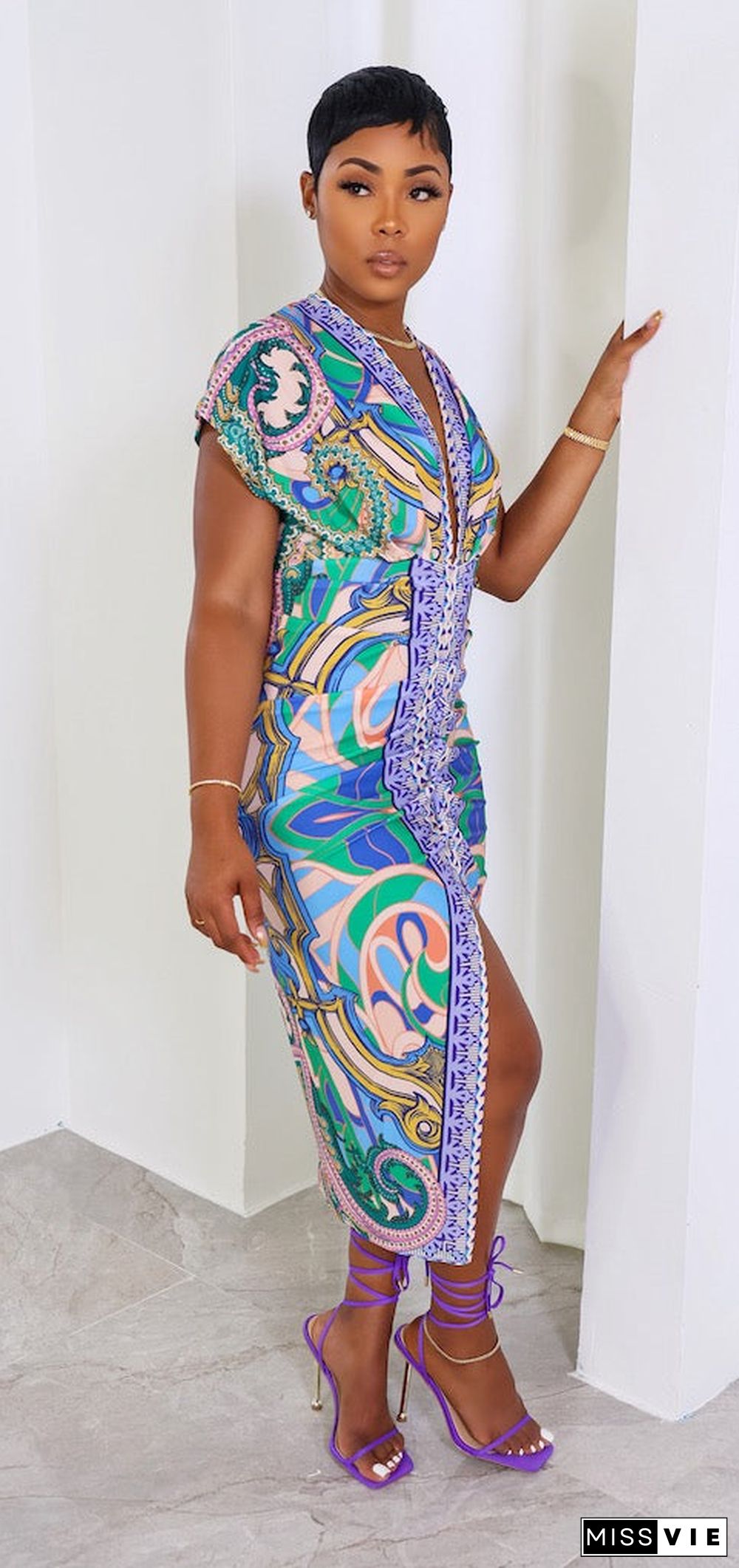 Tribal Print V Neck Short Sleeve Ruched Slit Bodycon Vacation Midi Dress