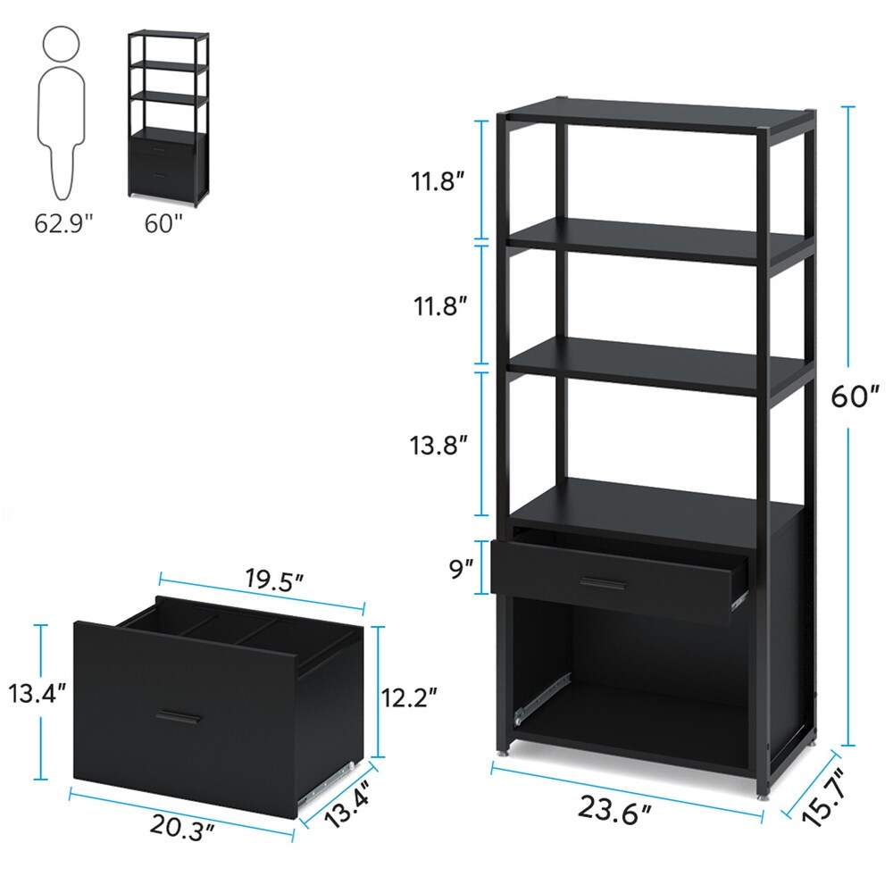 Bookcase Bookshelf  4 Tier Modern File Cabinet with 2 Drawers