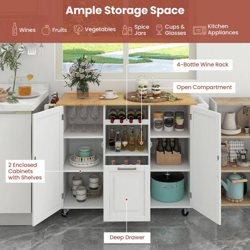 Costway Rolling Kitchen Island Utility Serving Cart with Drop Leaf Wine Rack Drawer White KC53799WH