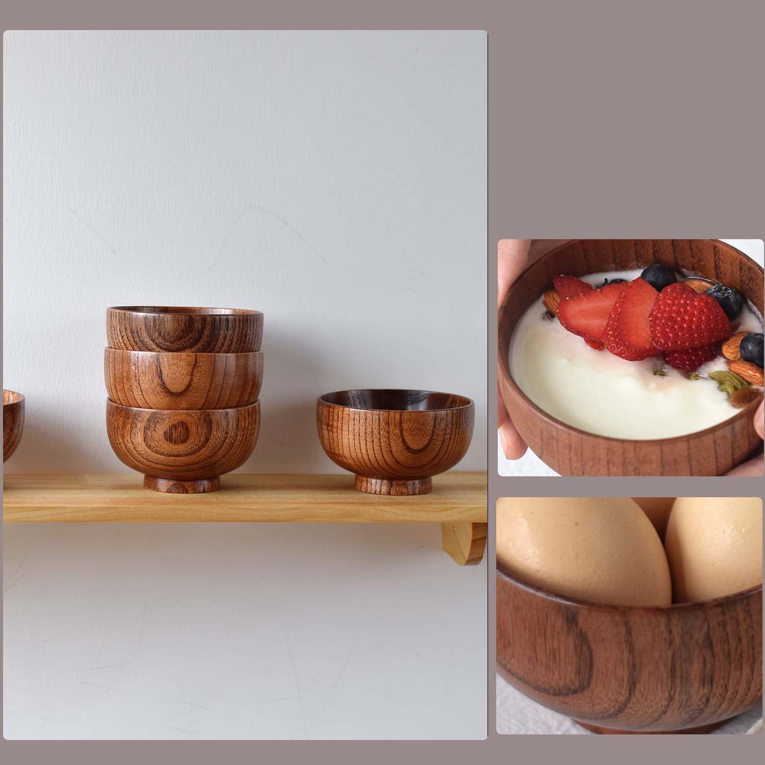 Small Wooden Bowls and Spoons， Portion Control Bowls for Snack， Dessert， Japanese Serving Bowls for Rice， Soup， Solid Wood Bowls for Decor 4 Bowls with 4 Spoons