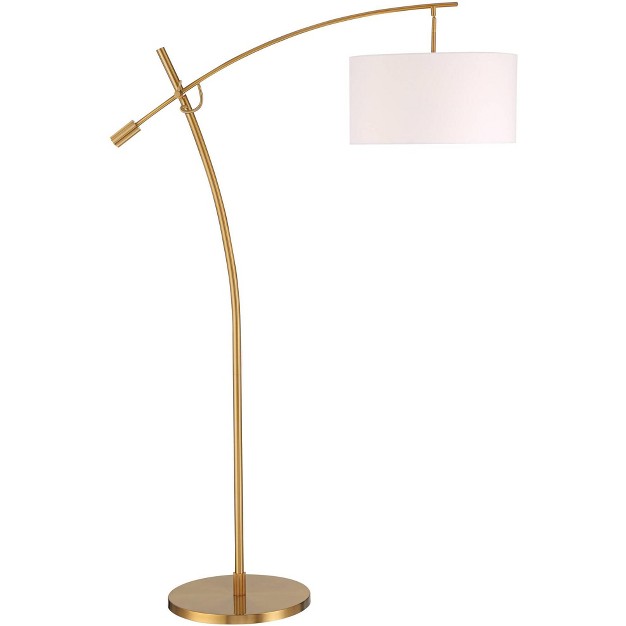 Tall Warm Gold Adjustable Boom Arm White Linen Drum Shade For Living Room Reading Office House