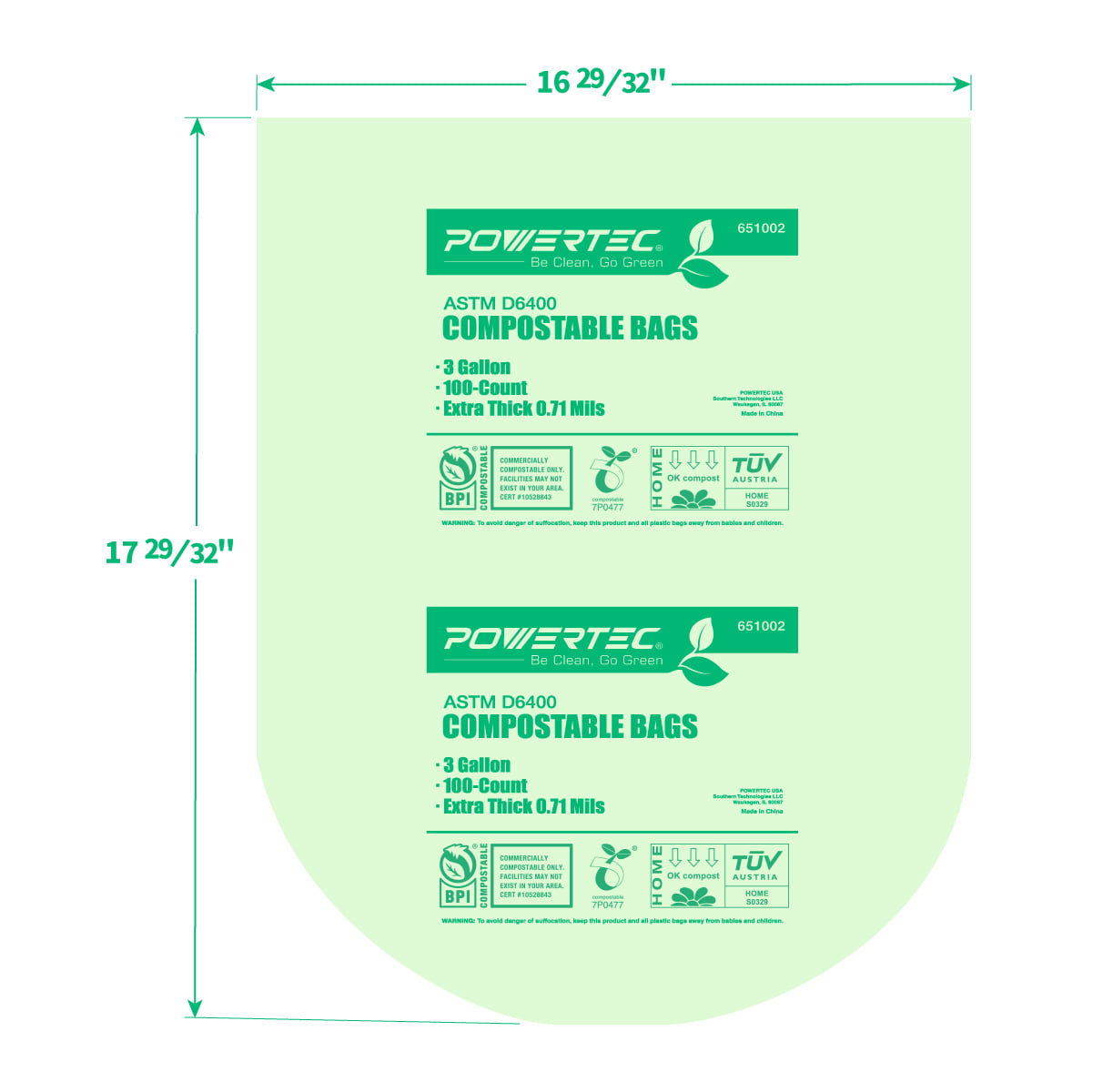 POWERTEC 100 Count, 3 Gallon Compostable Trash Bags, 11.4 Liter, Extra Thick (0.71 Mil), Kitchen Scrap Waste Bag, ASTM D6400 and Europe Certified (651002)