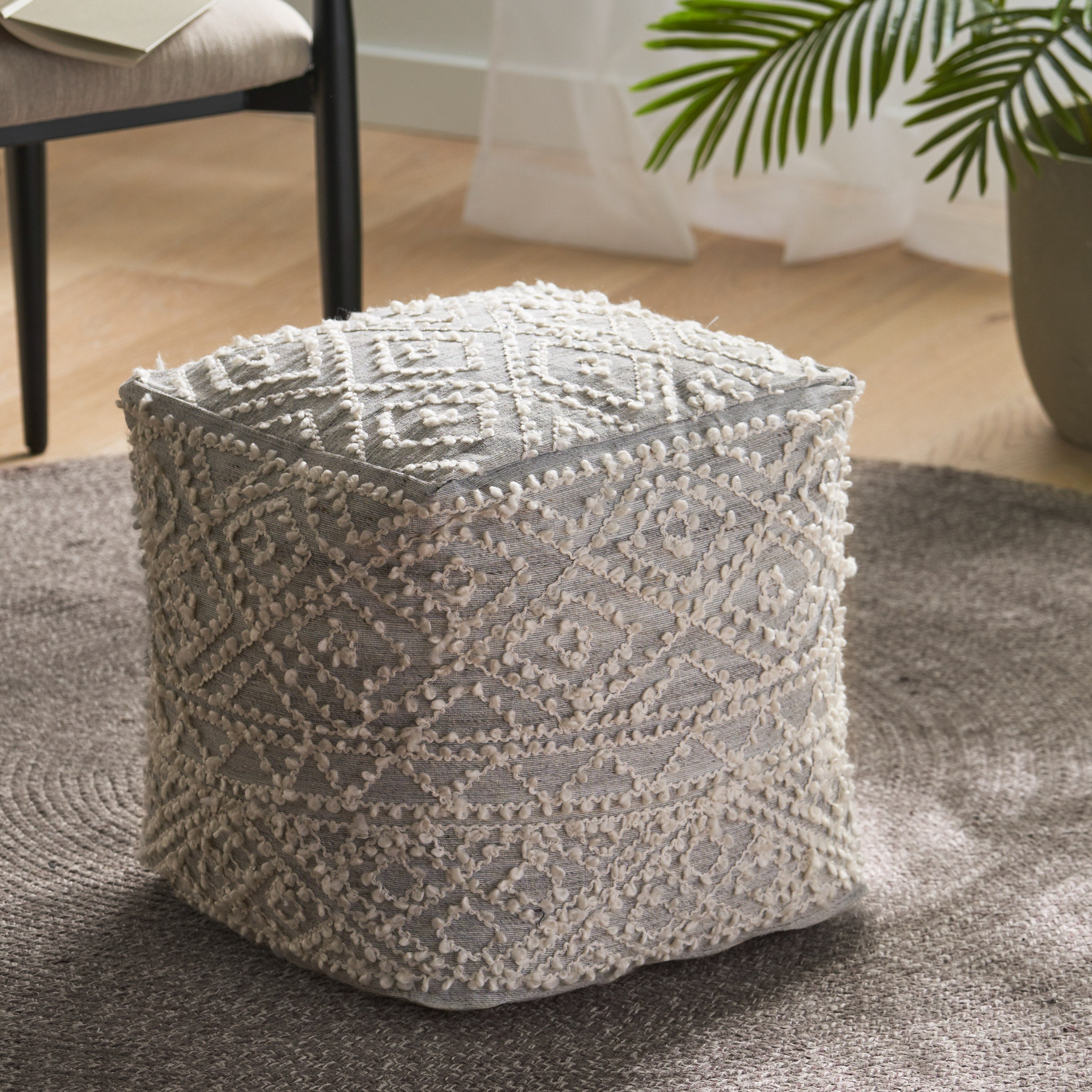 Sylvia Boho Diamond Pattern Wool and Viscose Cube Pouf