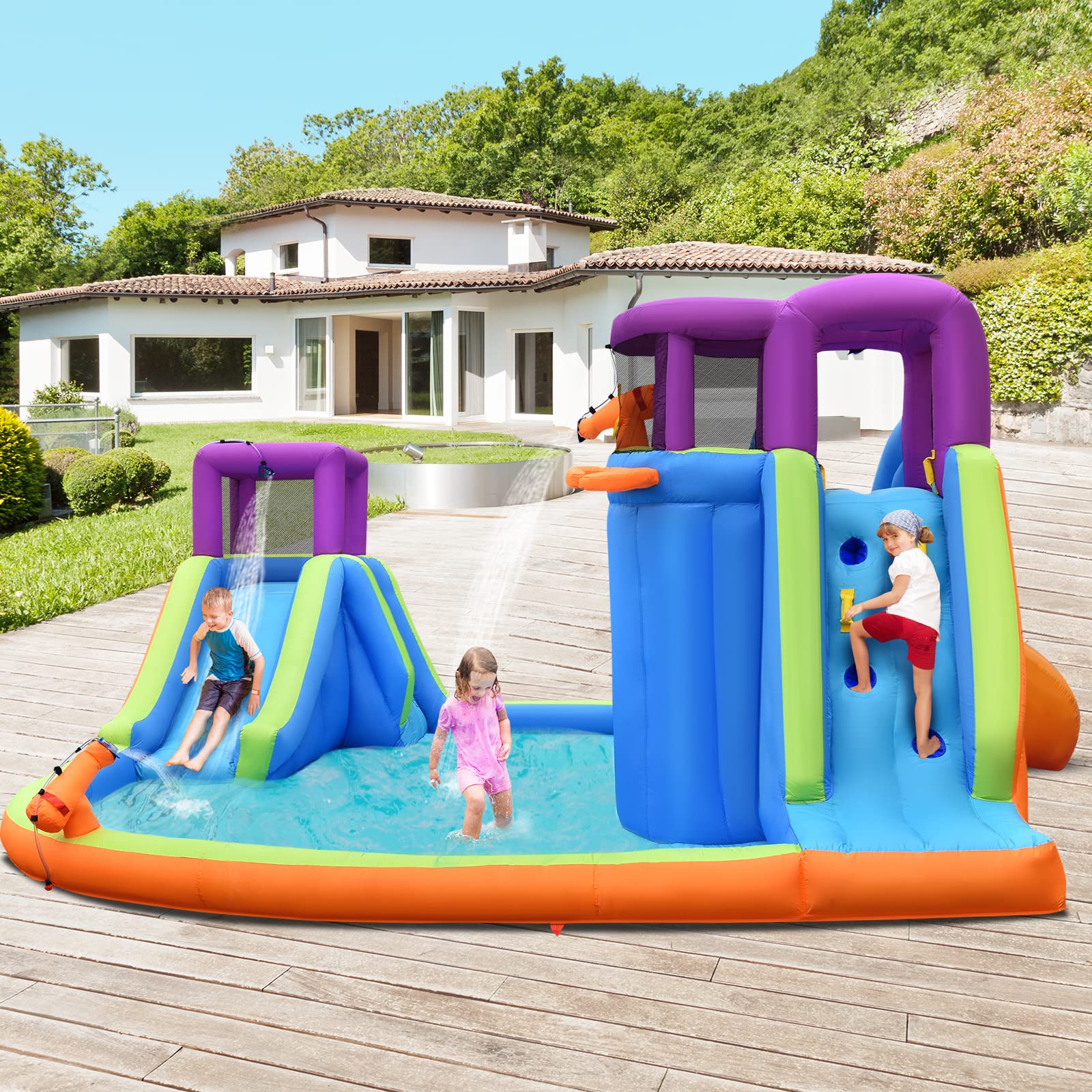 Costzon Inflatable Water Park, Double Long Giant Water Slide with/950W Air Blower