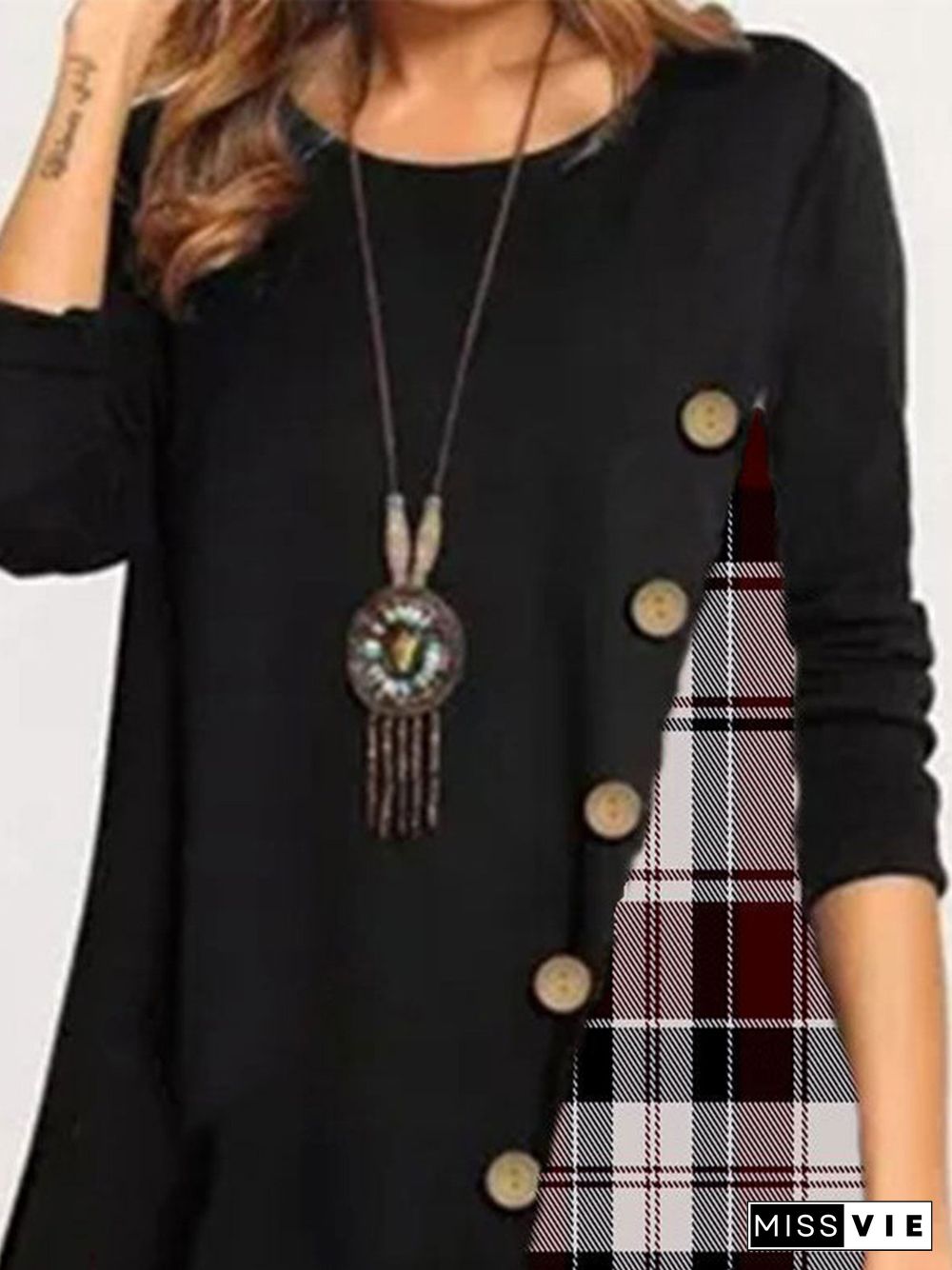 Checked/Plaid Printed Casual Round Neck Long Sleeve A-line Knitting Dress